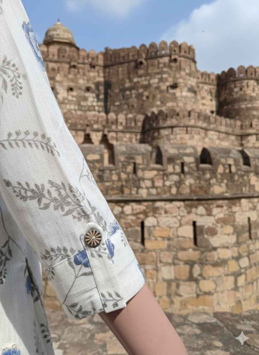 IVORY & BLUE COTTON KURTA SET IN BOTANICAL PRINT