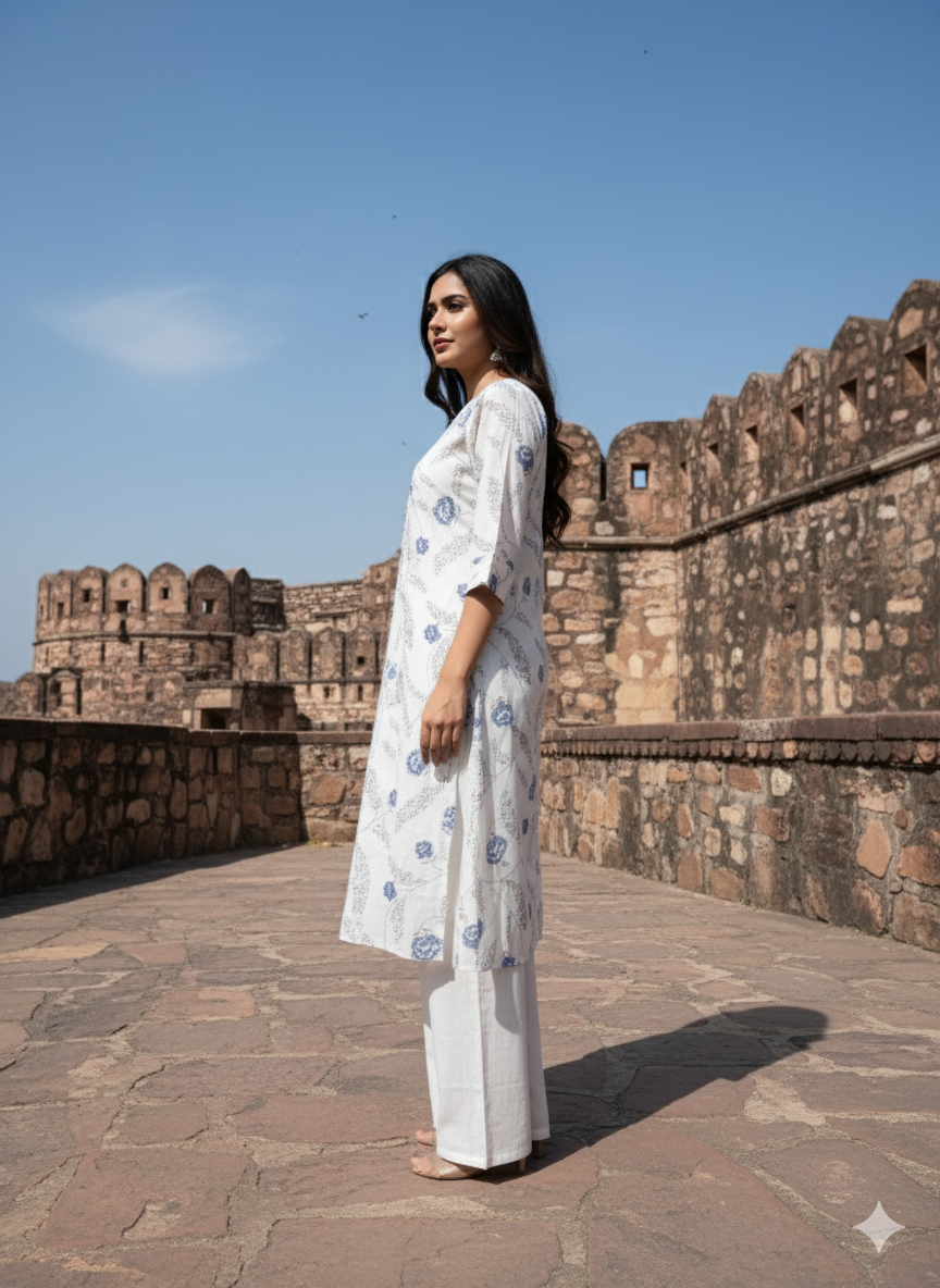 IVORY & BLUE COTTON KURTA SET IN BOTANICAL PRINT