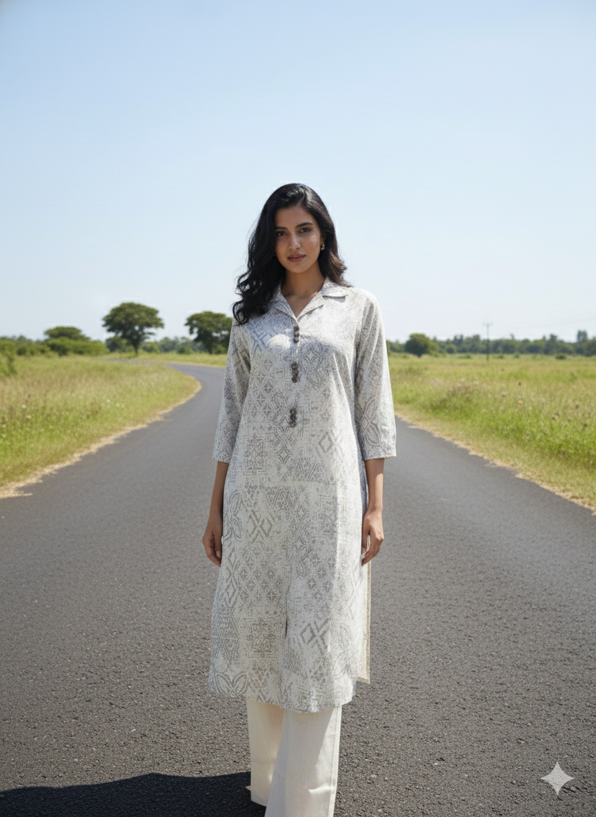 TRADITIONAL BEIGE PRINTED KURTA SET