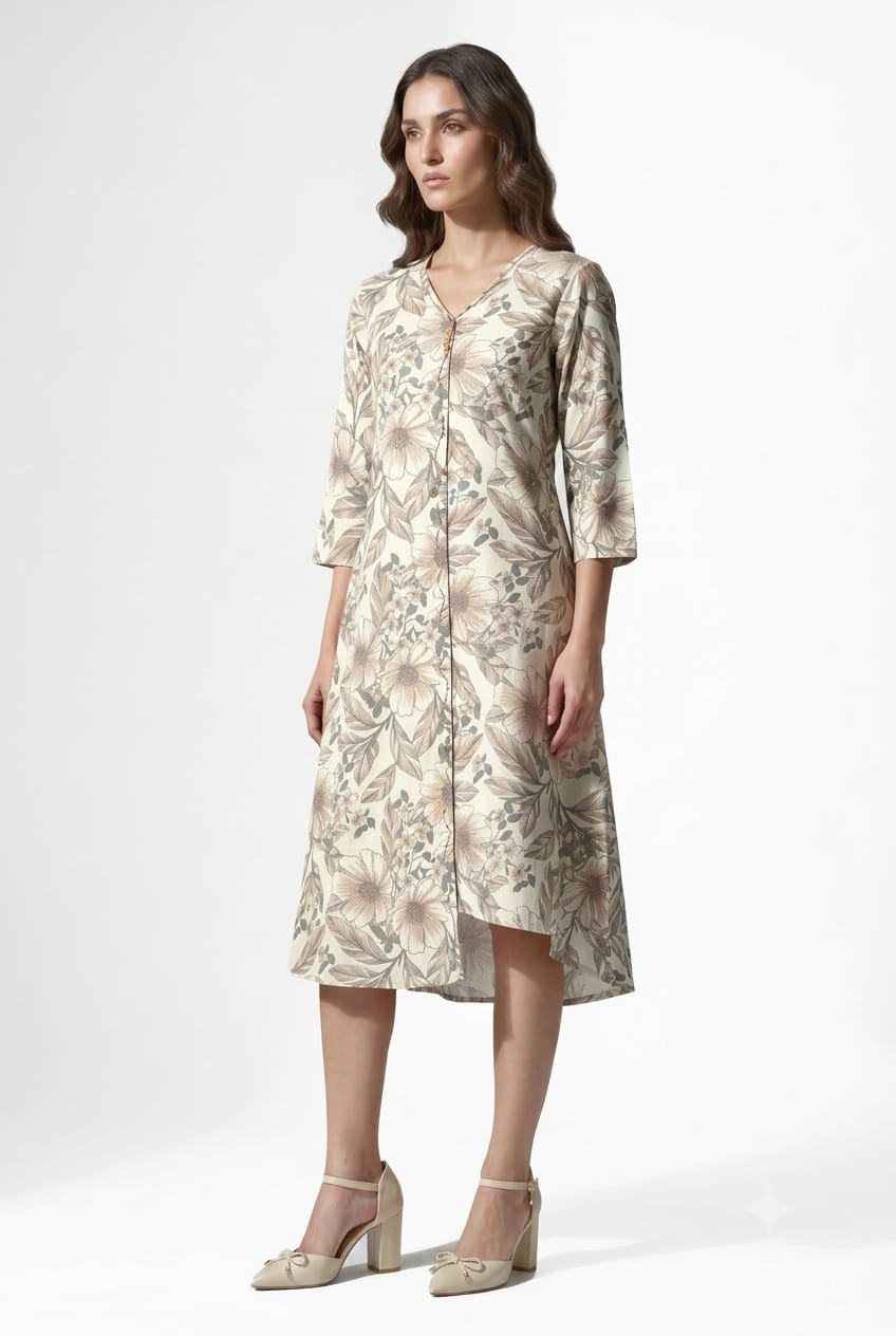 Beige in Bronze floral printed cotton midi dress