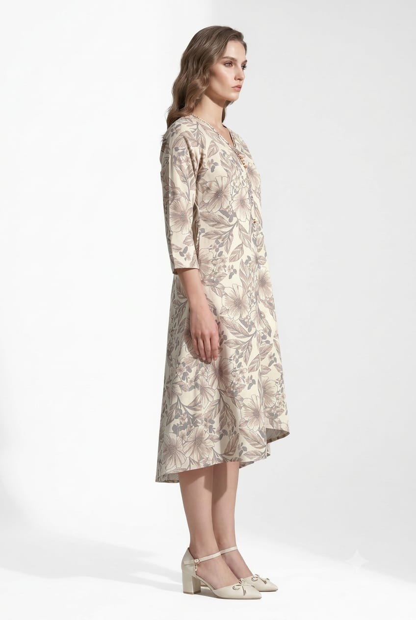Beige in Bronze floral printed cotton midi dress