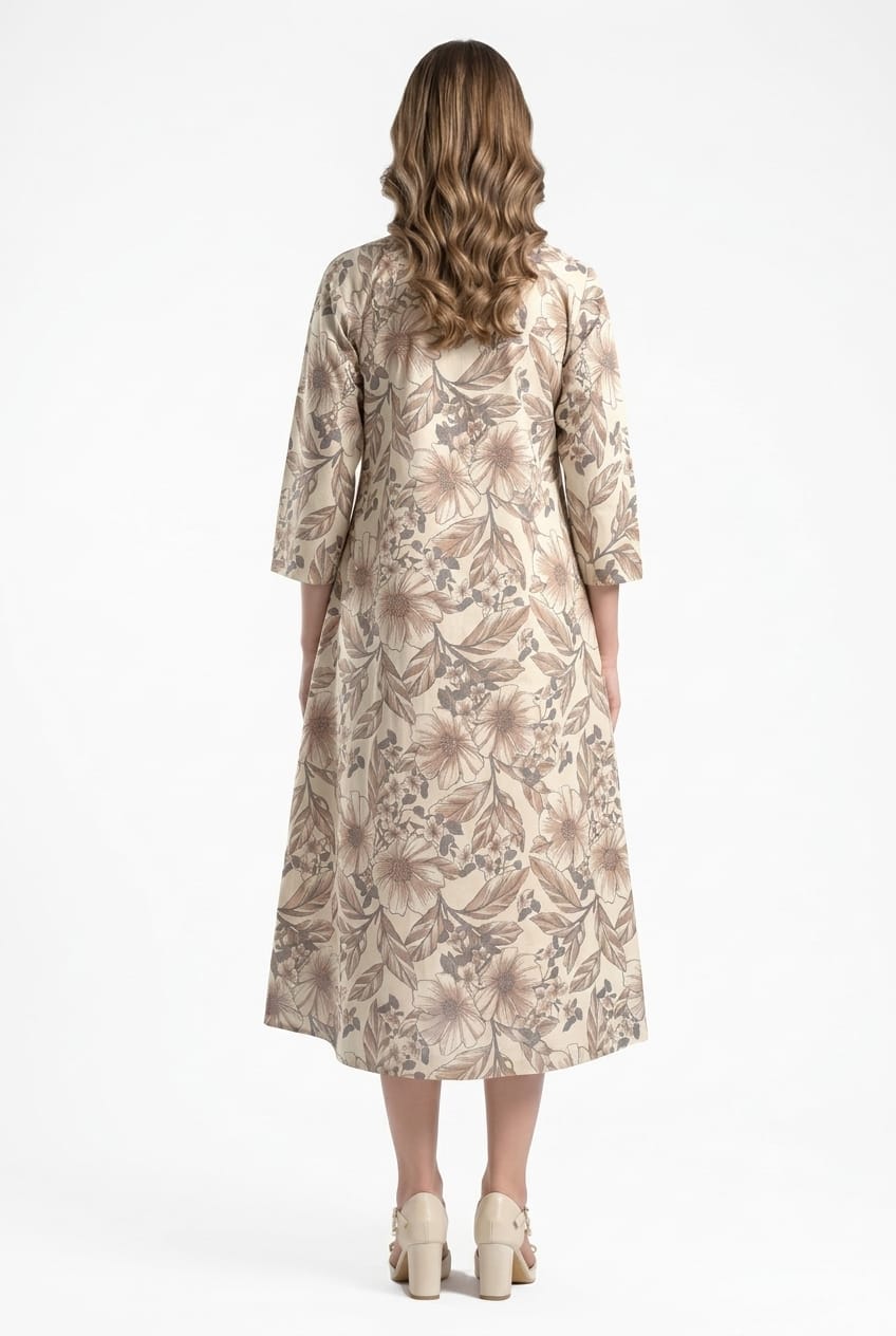 Beige in Bronze floral printed cotton midi dress