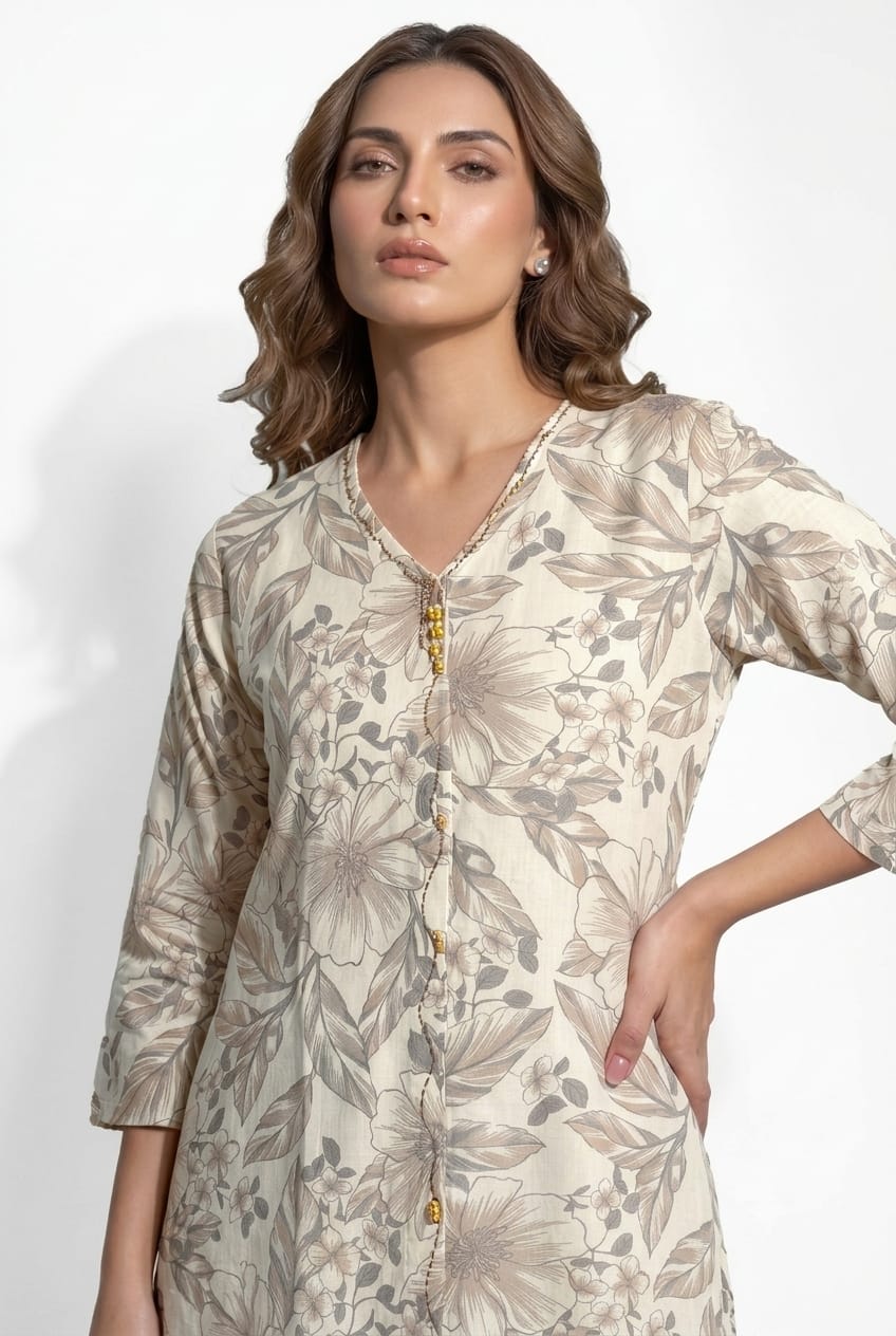 Beige in Bronze floral printed cotton midi dress