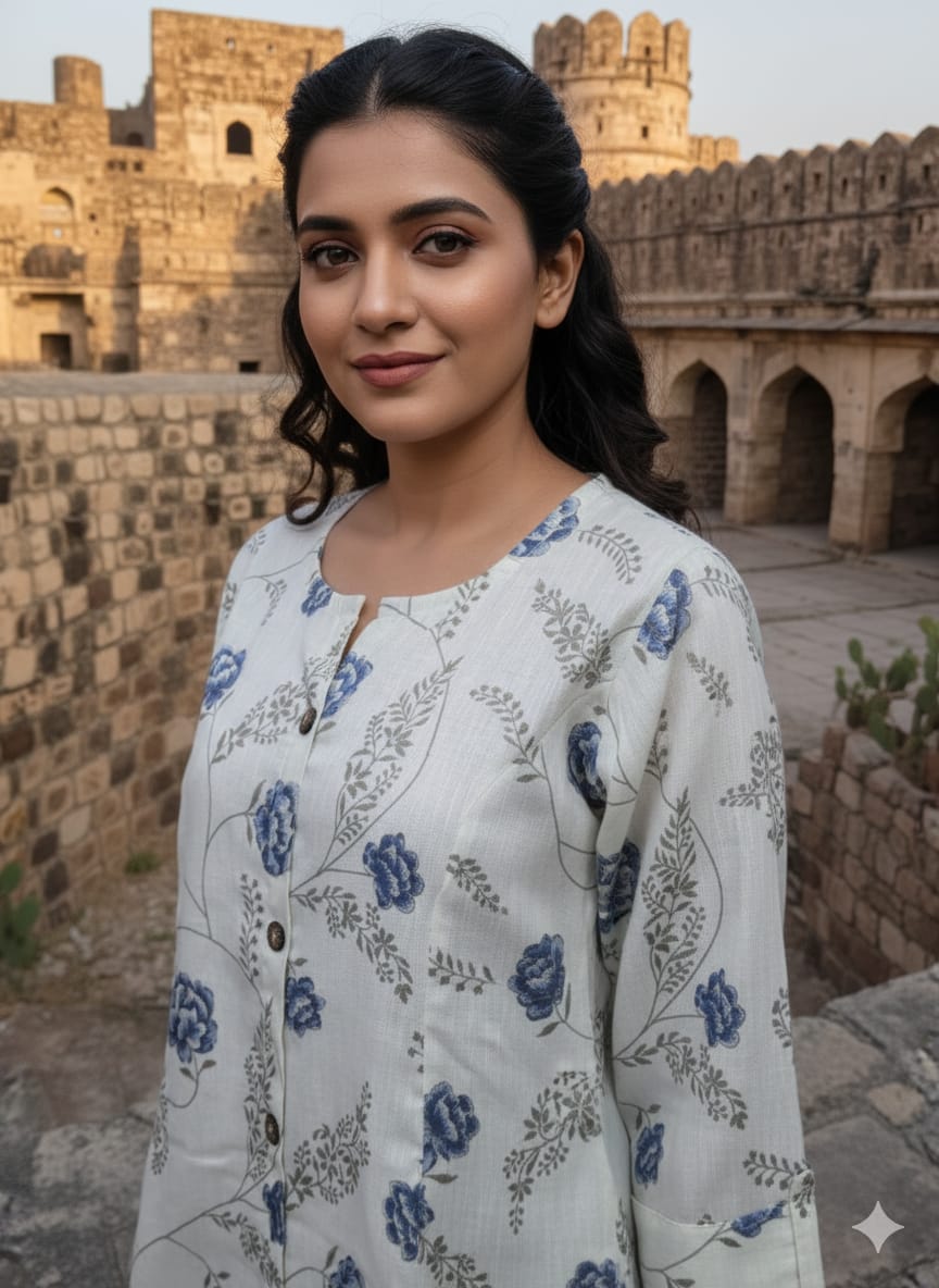 IVORY & BLUE COTTON KURTA SET IN BOTANICAL PRINT