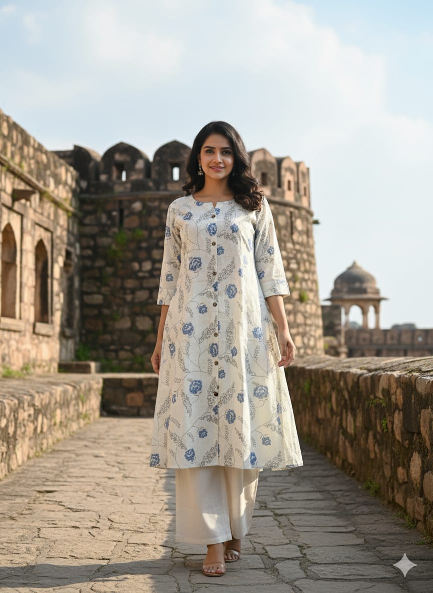 IVORY & BLUE COTTON KURTA SET IN BOTANICAL PRINT