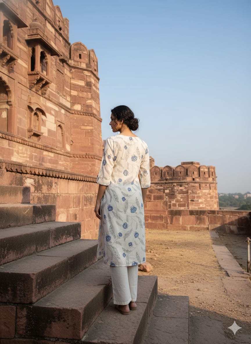 IVORY & BLUE COTTON KURTA SET IN BOTANICAL PRINT