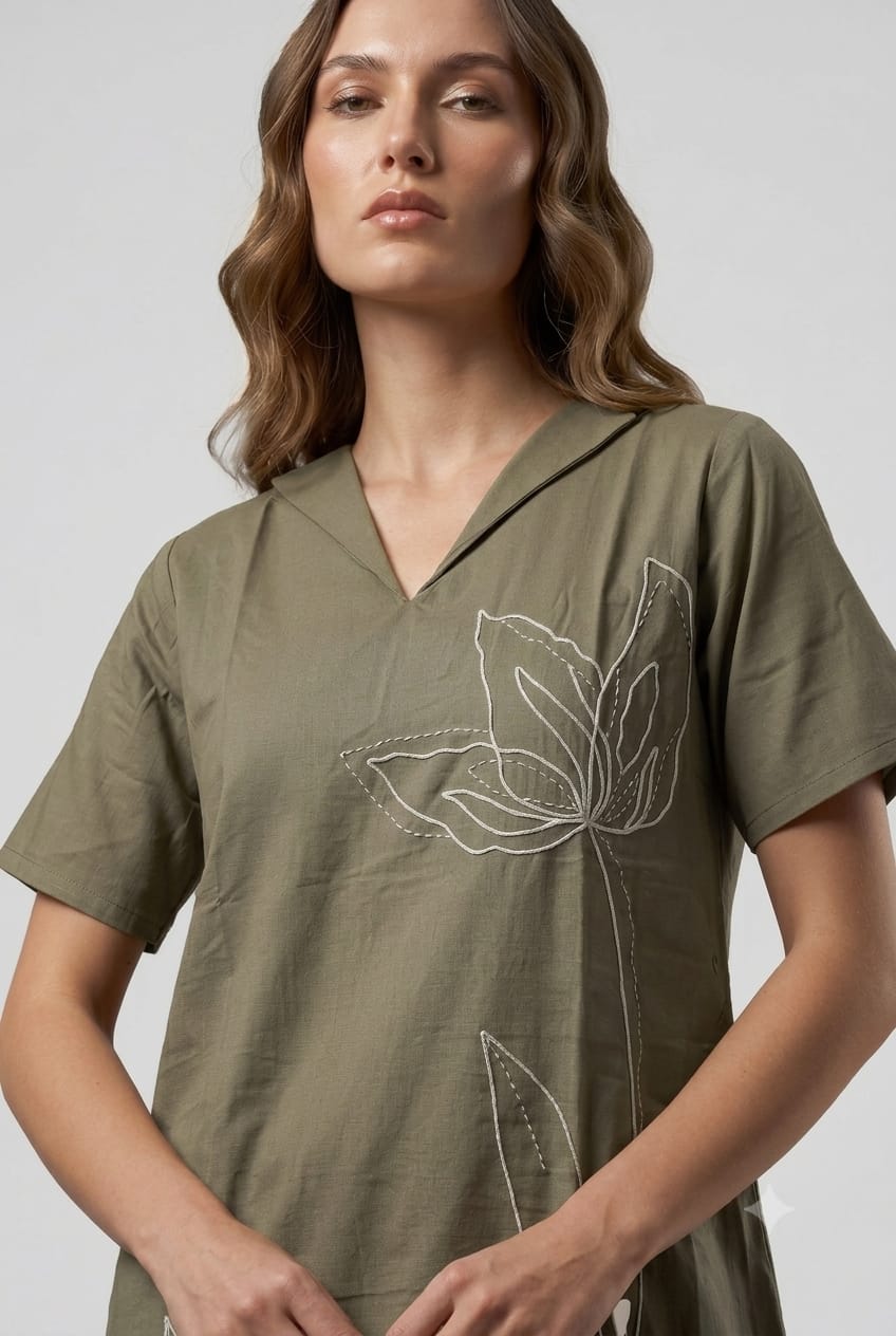 Olive Green Botanical embroidered midi dress