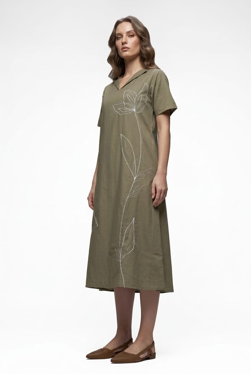 Olive Green Botanical embroidered midi dress