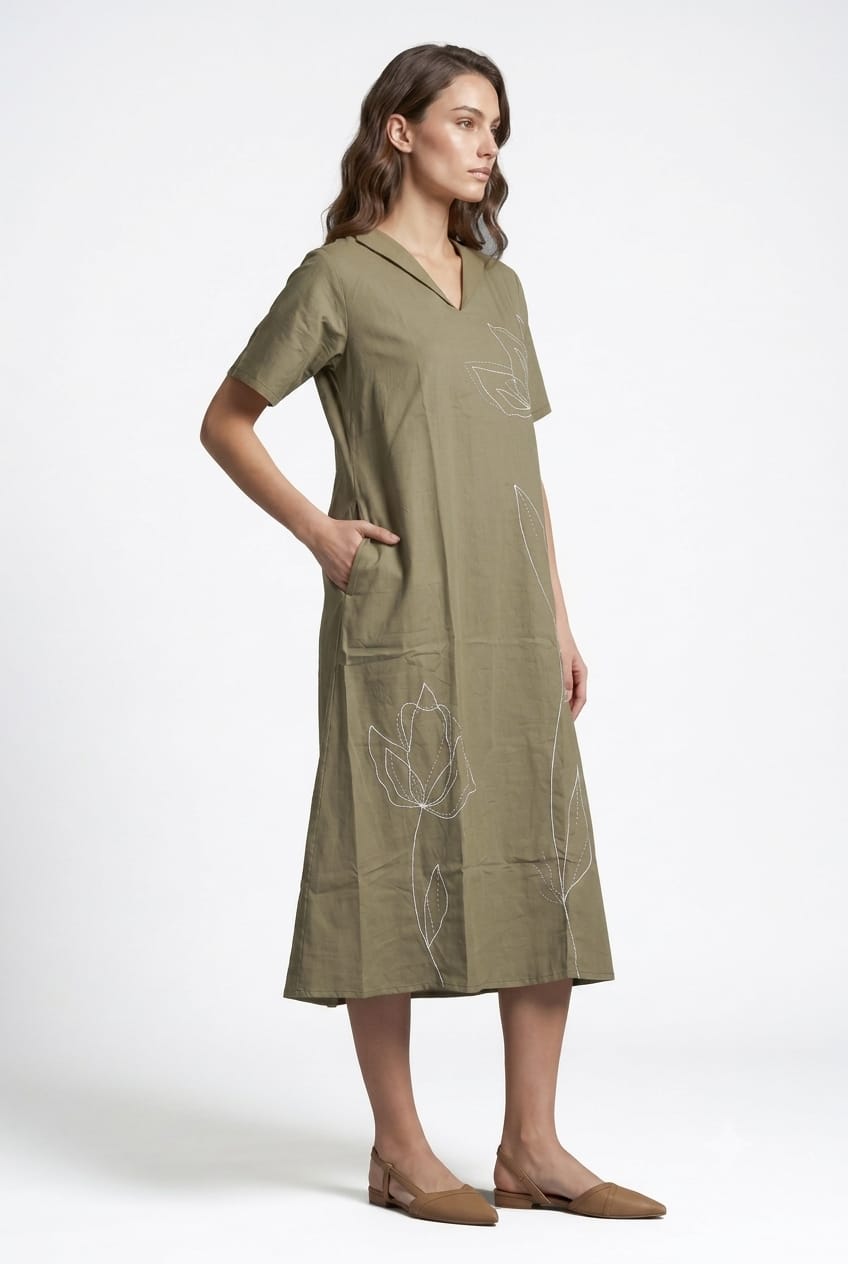 Olive Green Botanical embroidered midi dress