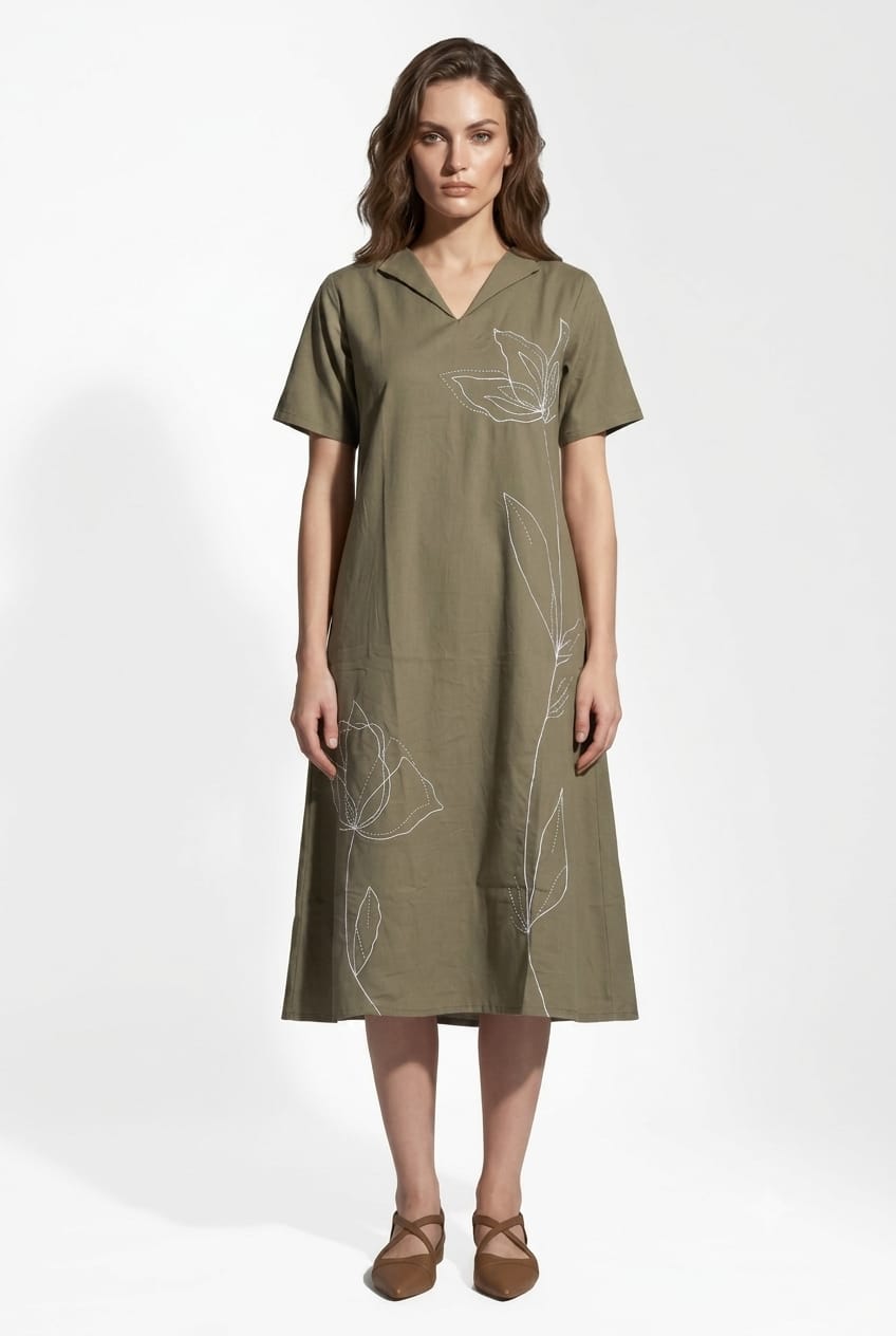 Olive Green Botanical embroidered midi dress