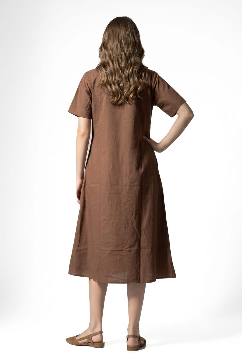 Embroidered Floral Cadbury Brown Pure cotton midi dress
