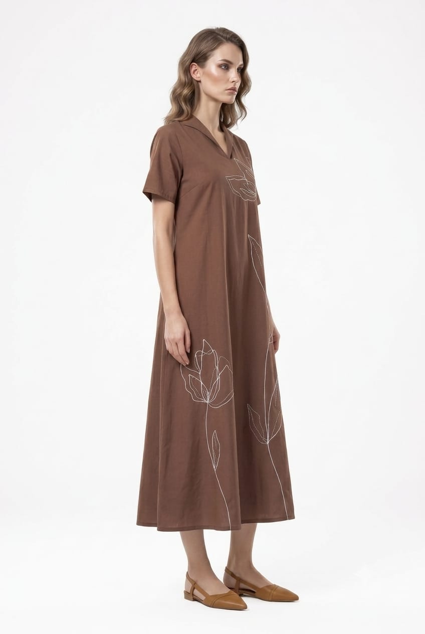 Embroidered Floral Cadbury Brown Pure cotton midi dress