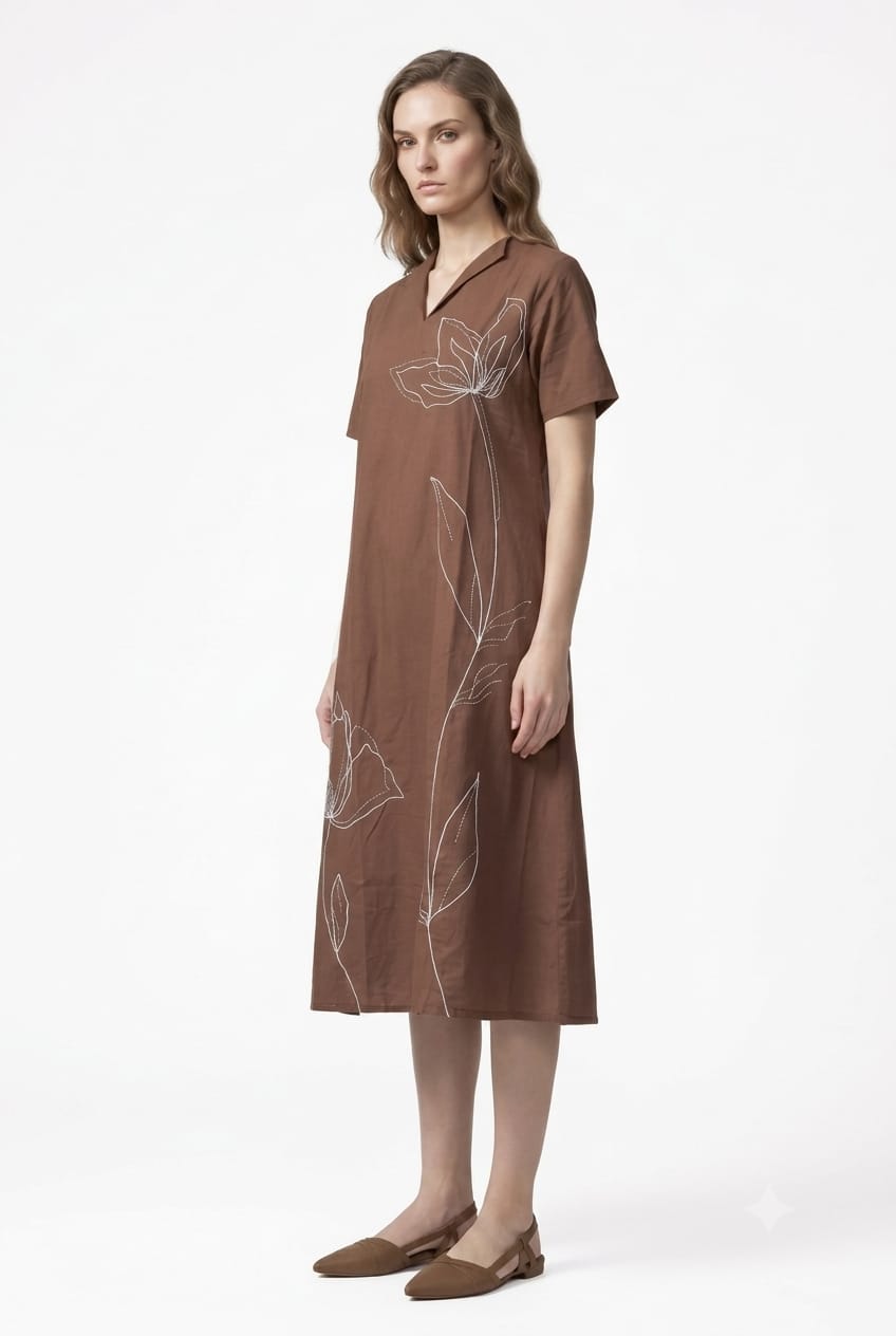 Embroidered Floral Cadbury Brown Pure cotton midi dress