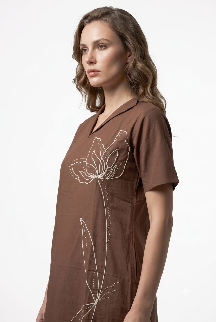 Embroidered Floral Cadbury Brown Pure cotton midi dress