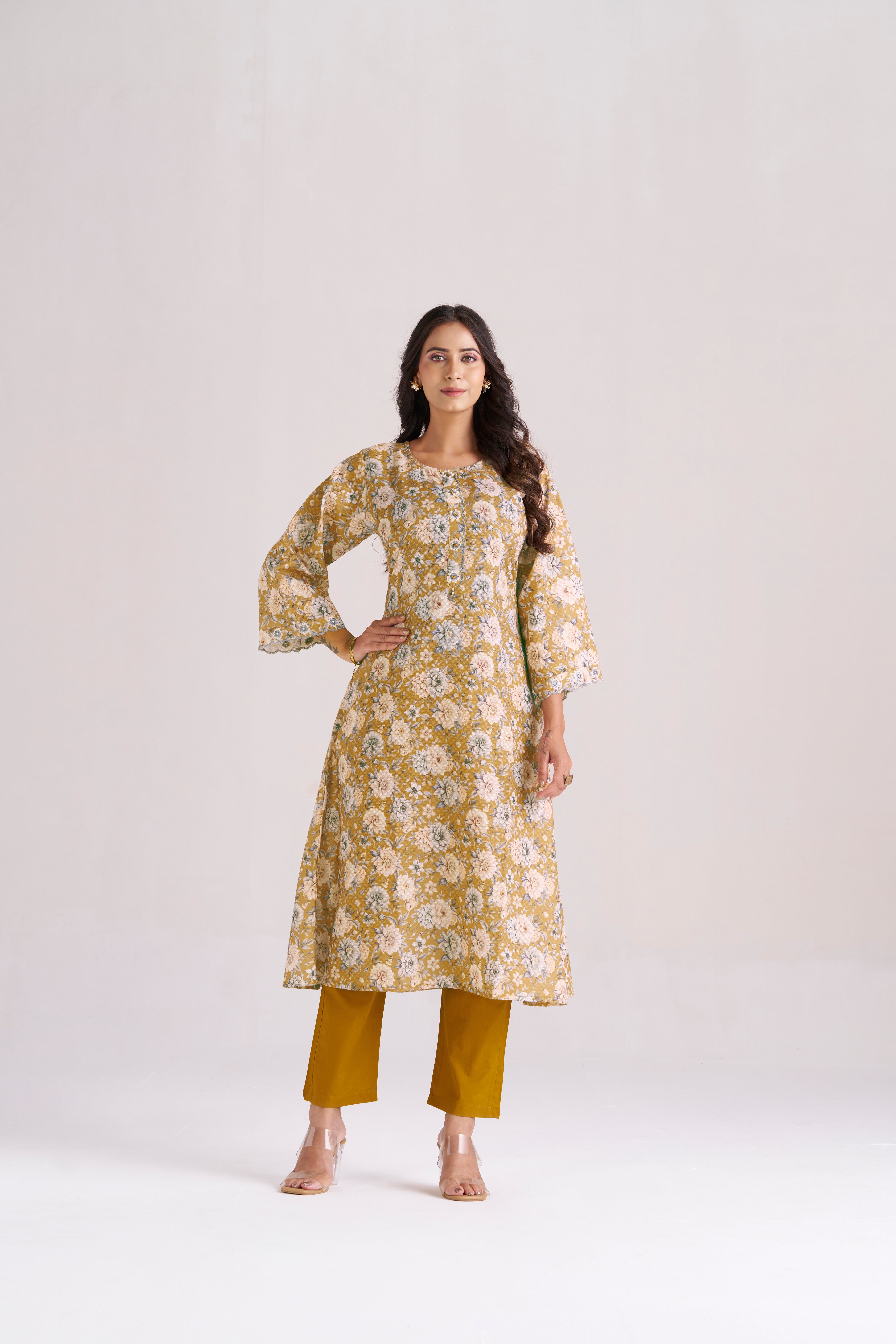 FLORAL PRINT WITH DOBBY WEAVE IN YELLOW