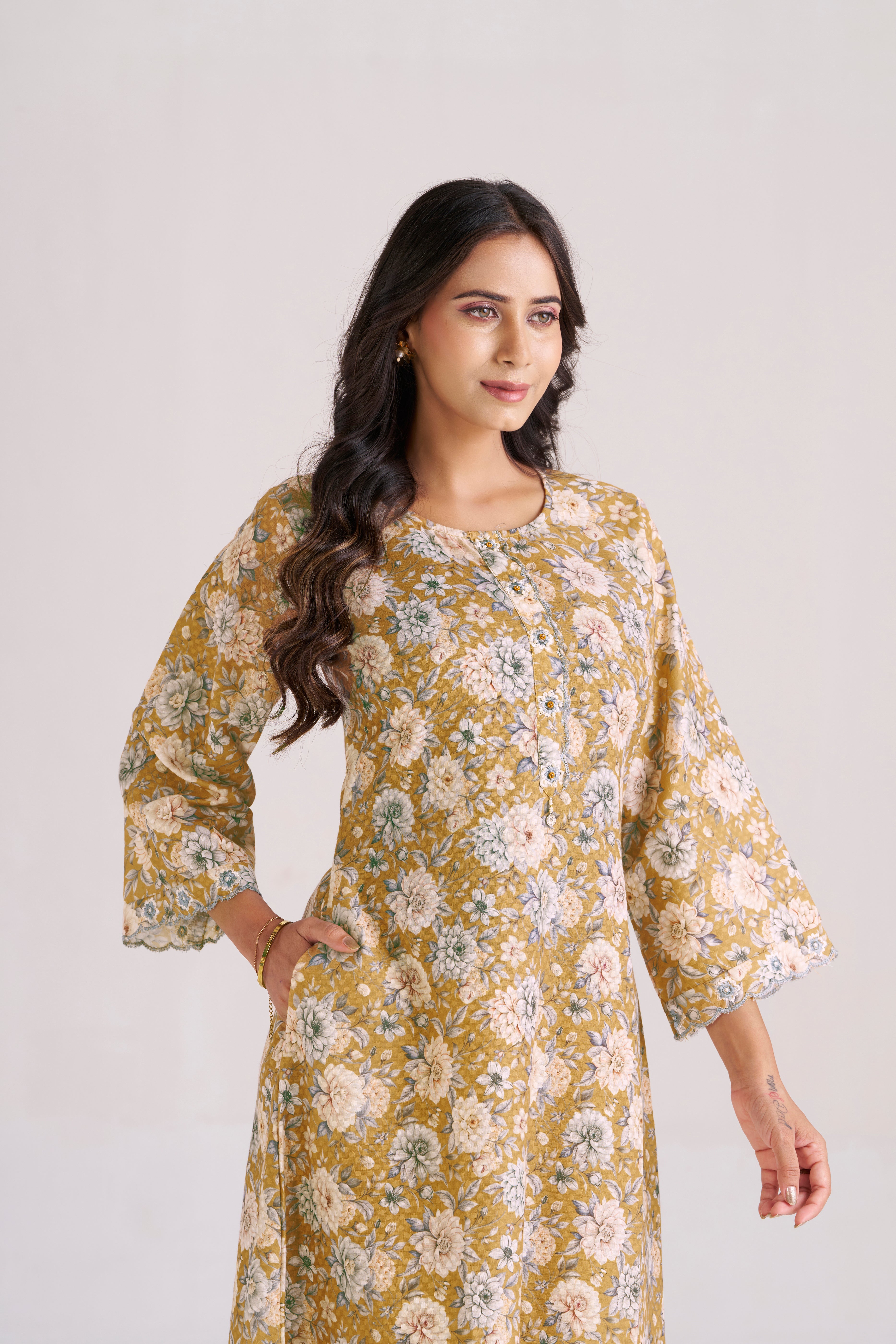 FLORAL PRINT WITH DOBBY WEAVE IN YELLOW