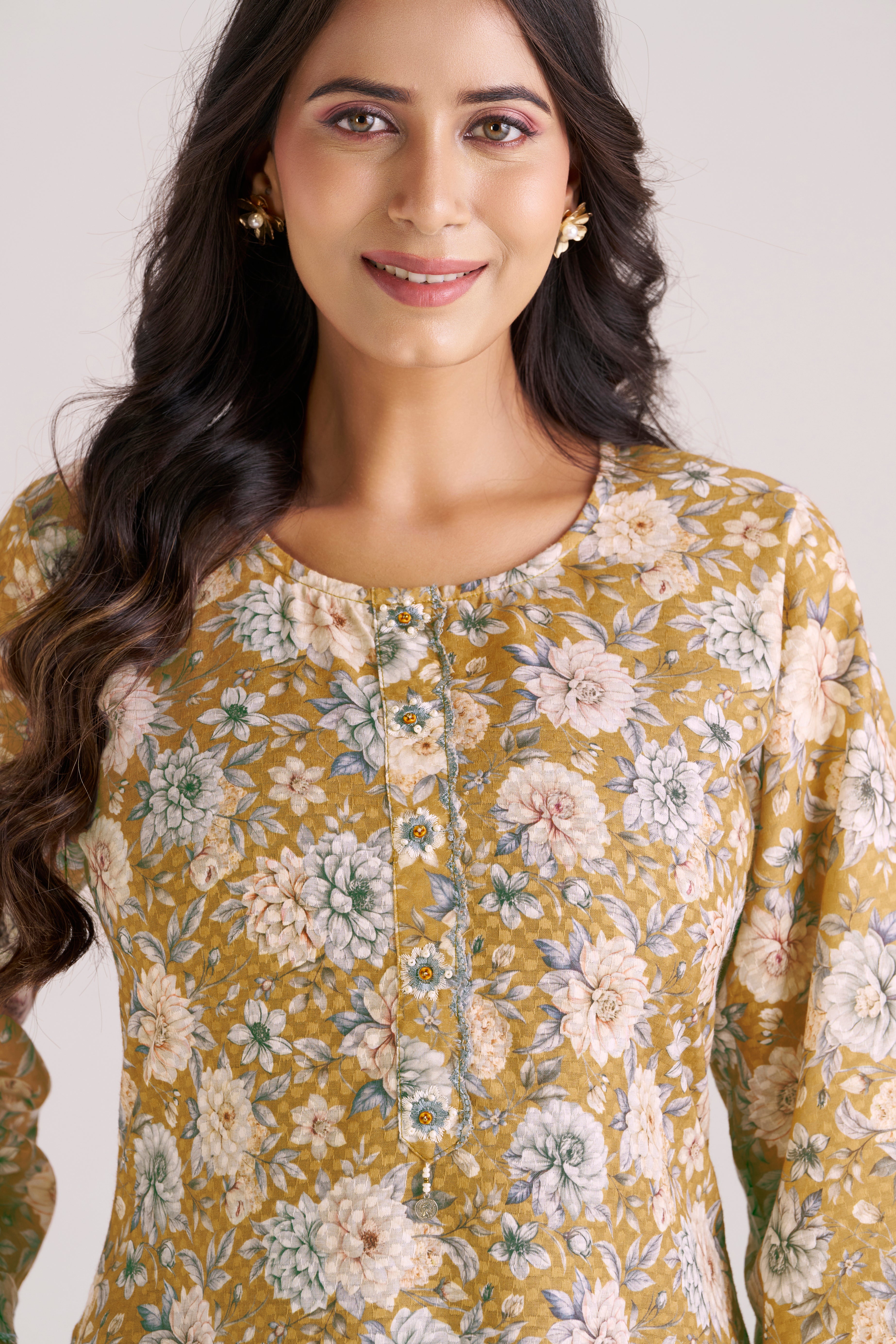 FLORAL PRINT WITH DOBBY WEAVE IN YELLOW