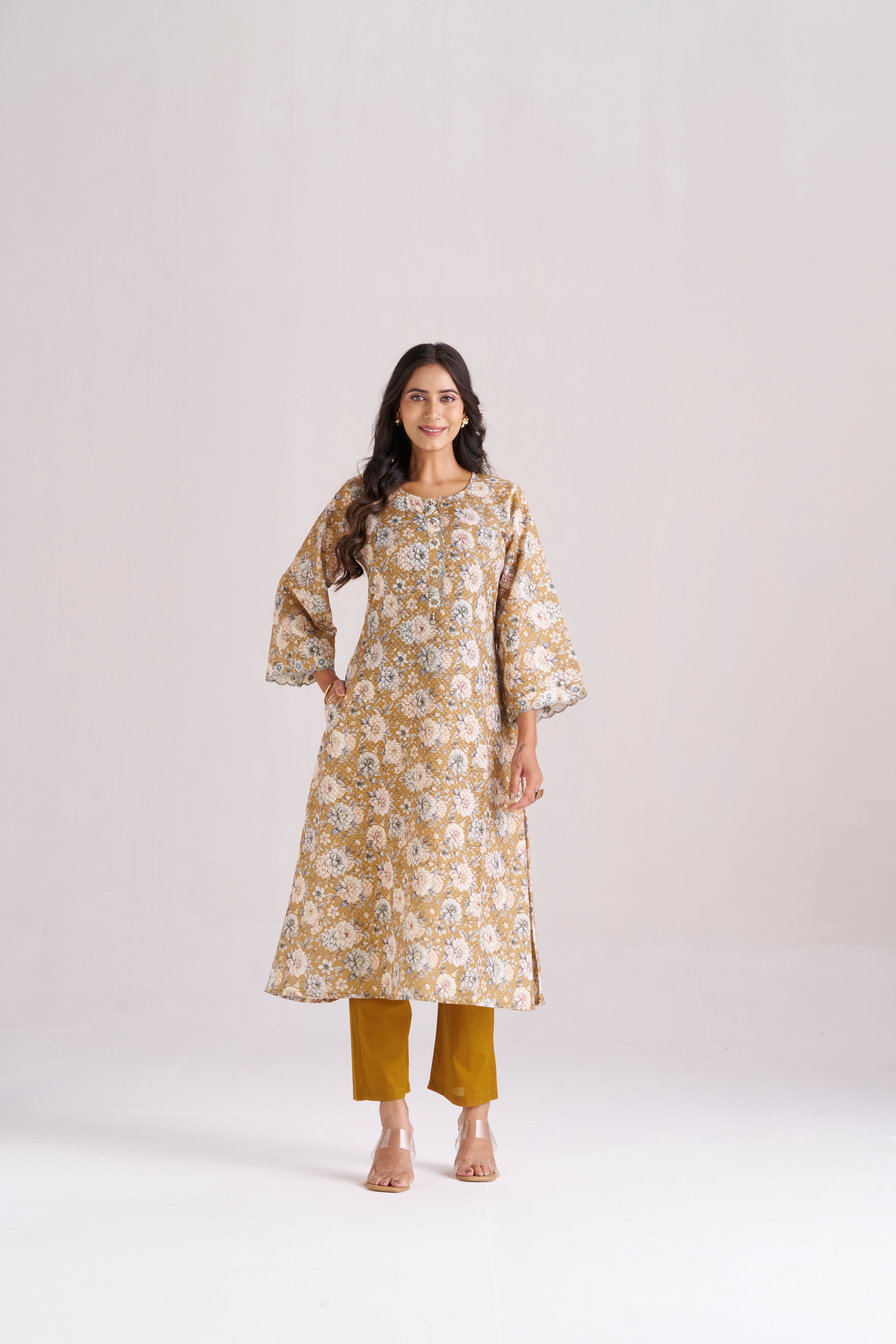 FLORAL PRINT WITH DOBBY WEAVE IN YELLOW