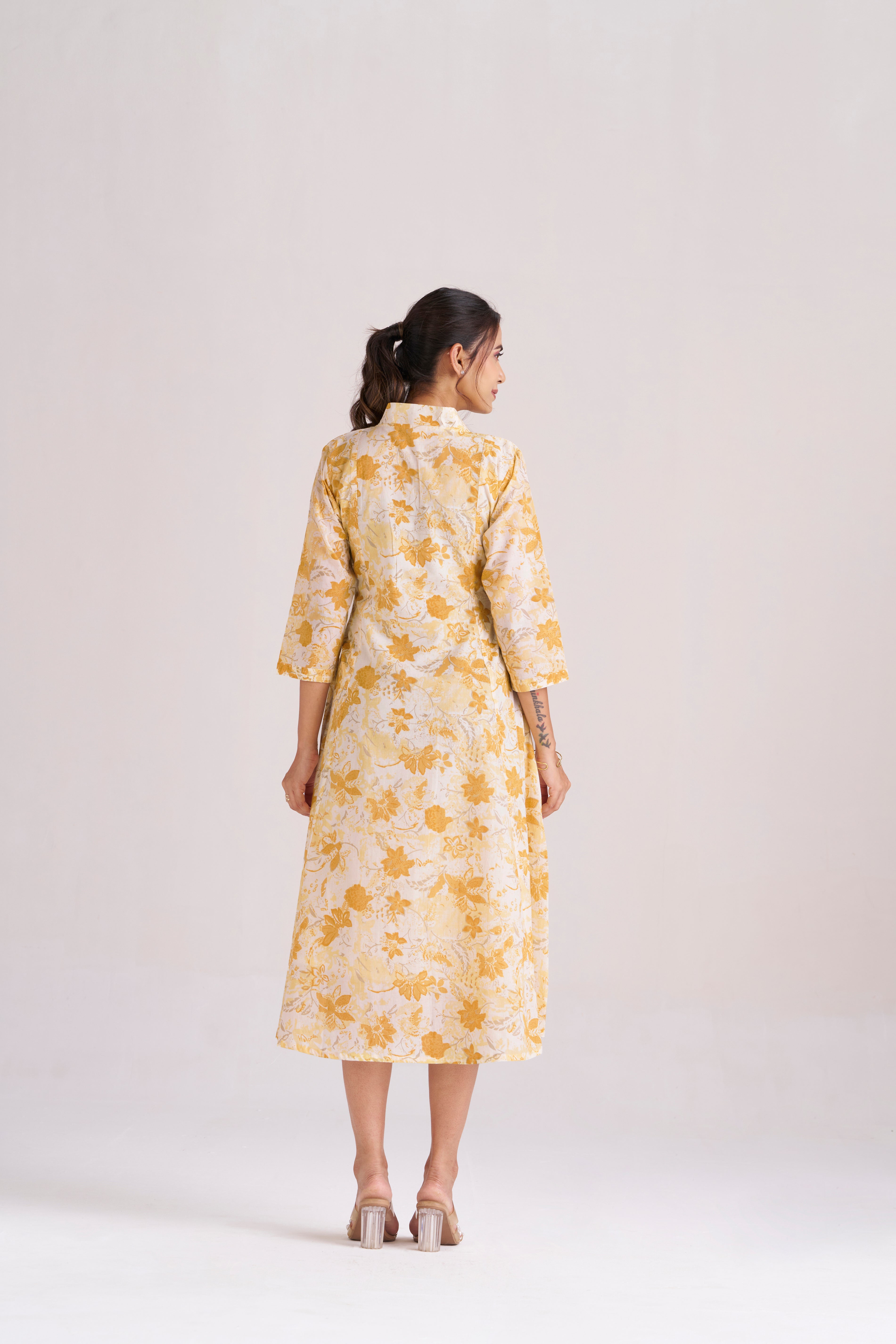 Sunlit yellow bloom printed cotton A-line midi dress