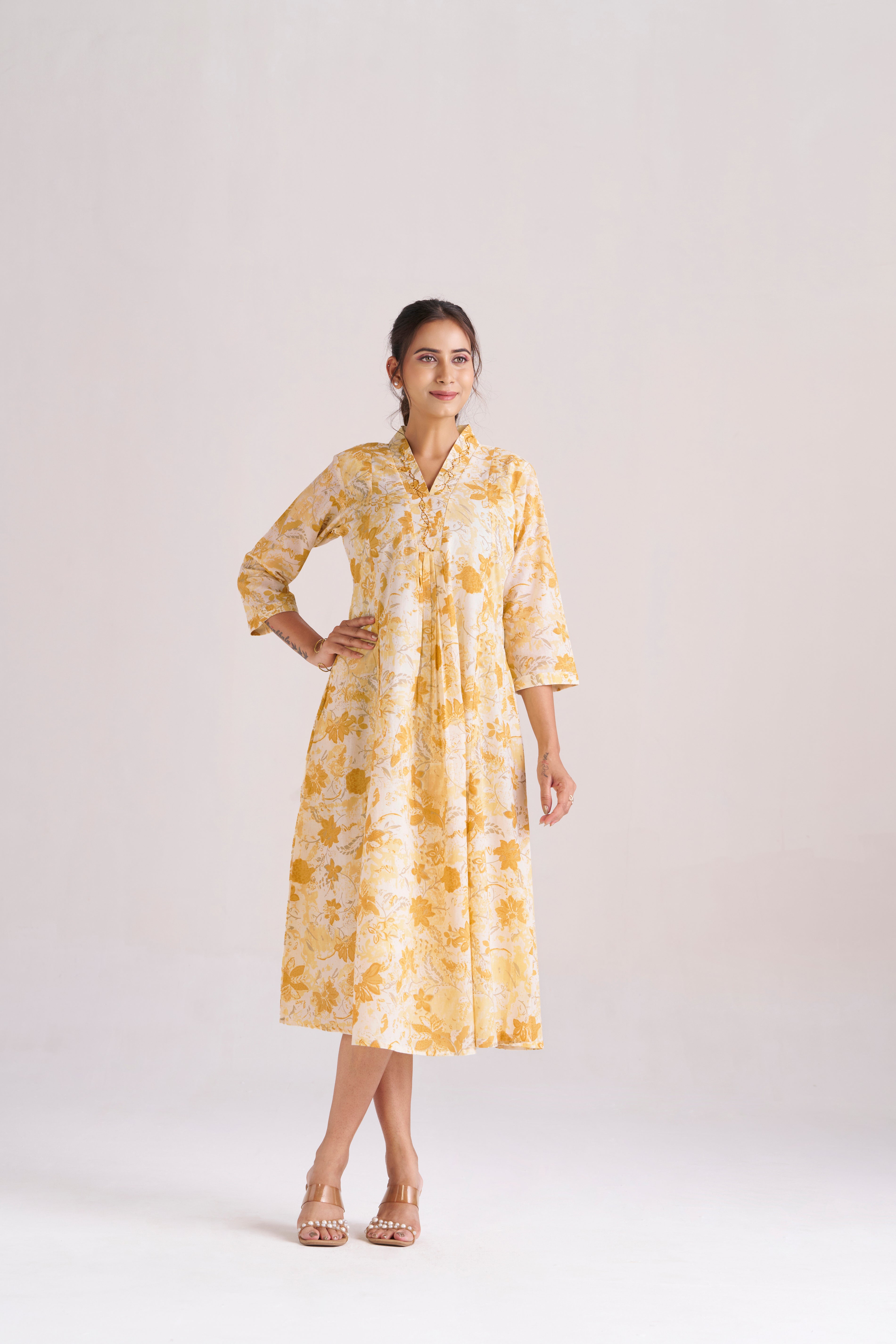 Sunlit yellow bloom printed cotton A-line midi dress