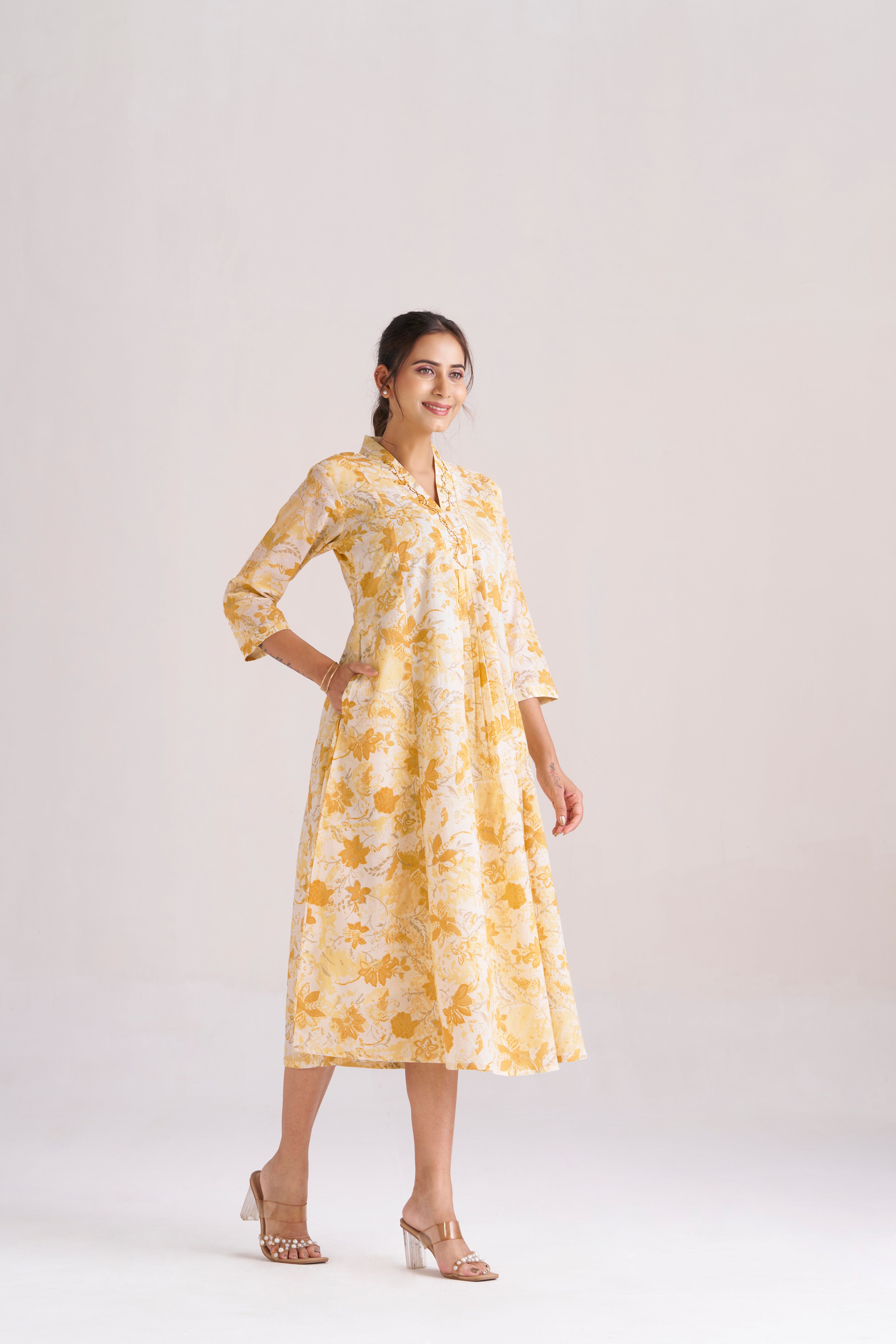 Sunlit yellow bloom printed cotton A-line midi dress