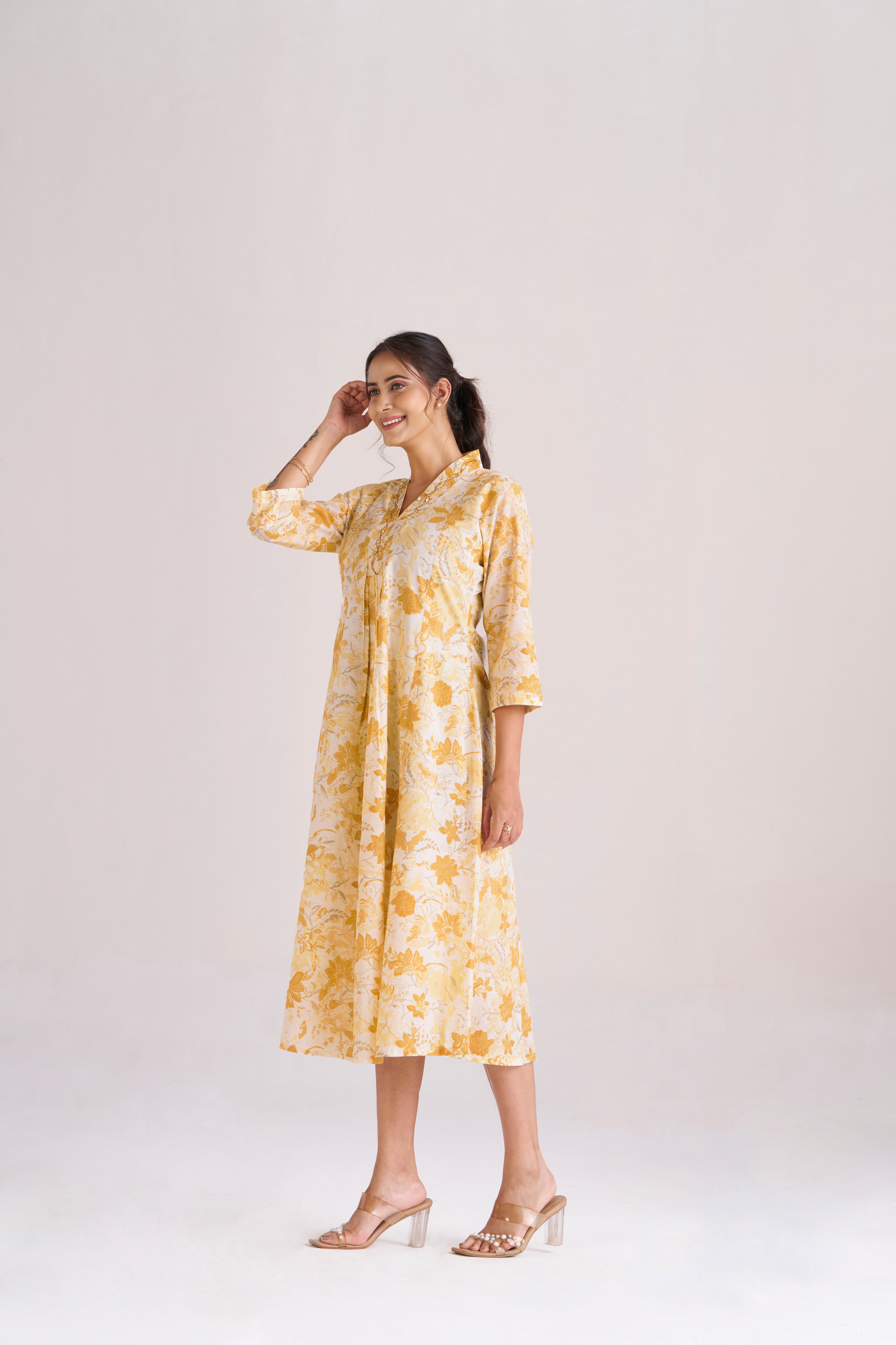 Sunlit yellow bloom printed cotton A-line midi dress