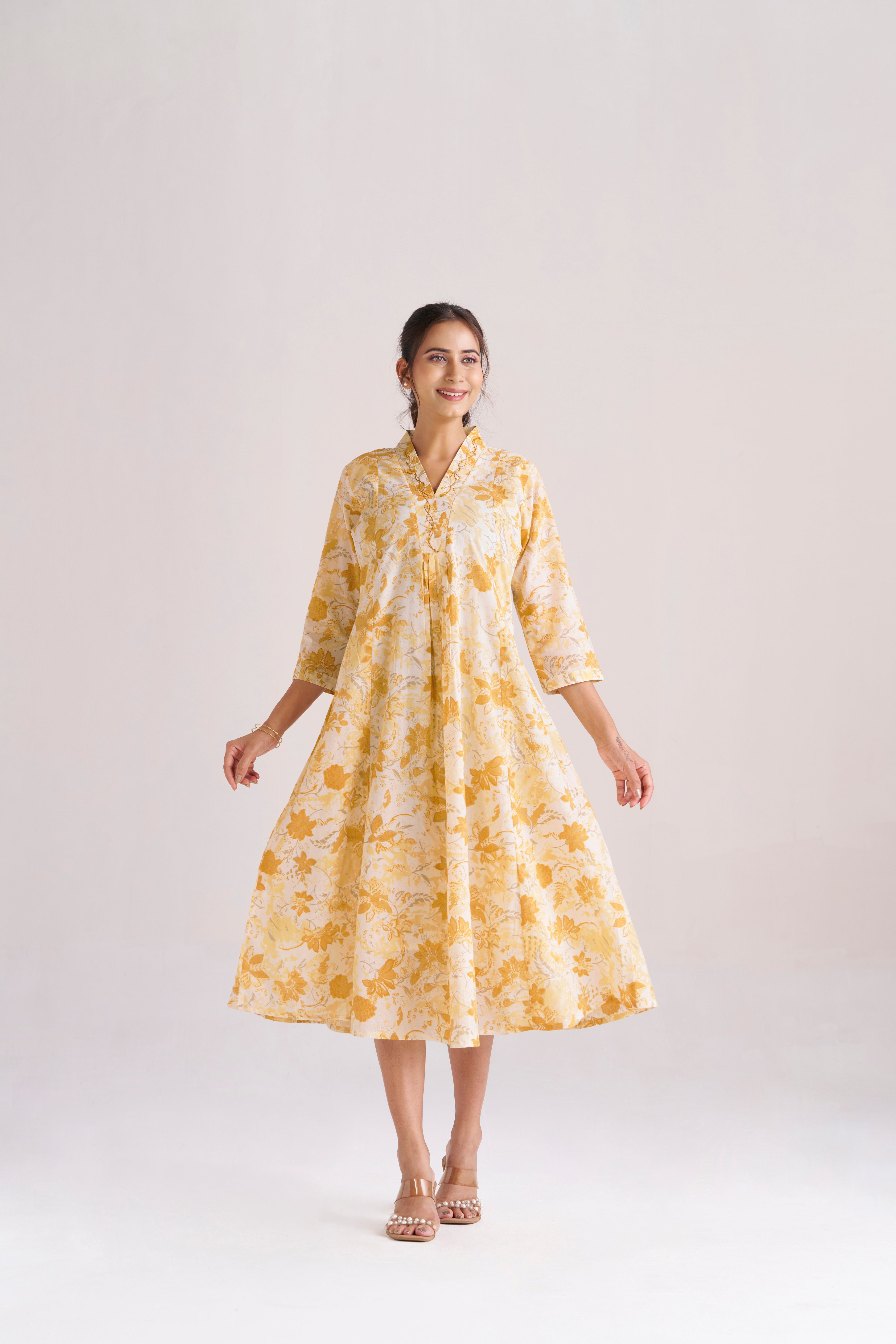 Sunlit yellow bloom printed cotton A-line midi dress