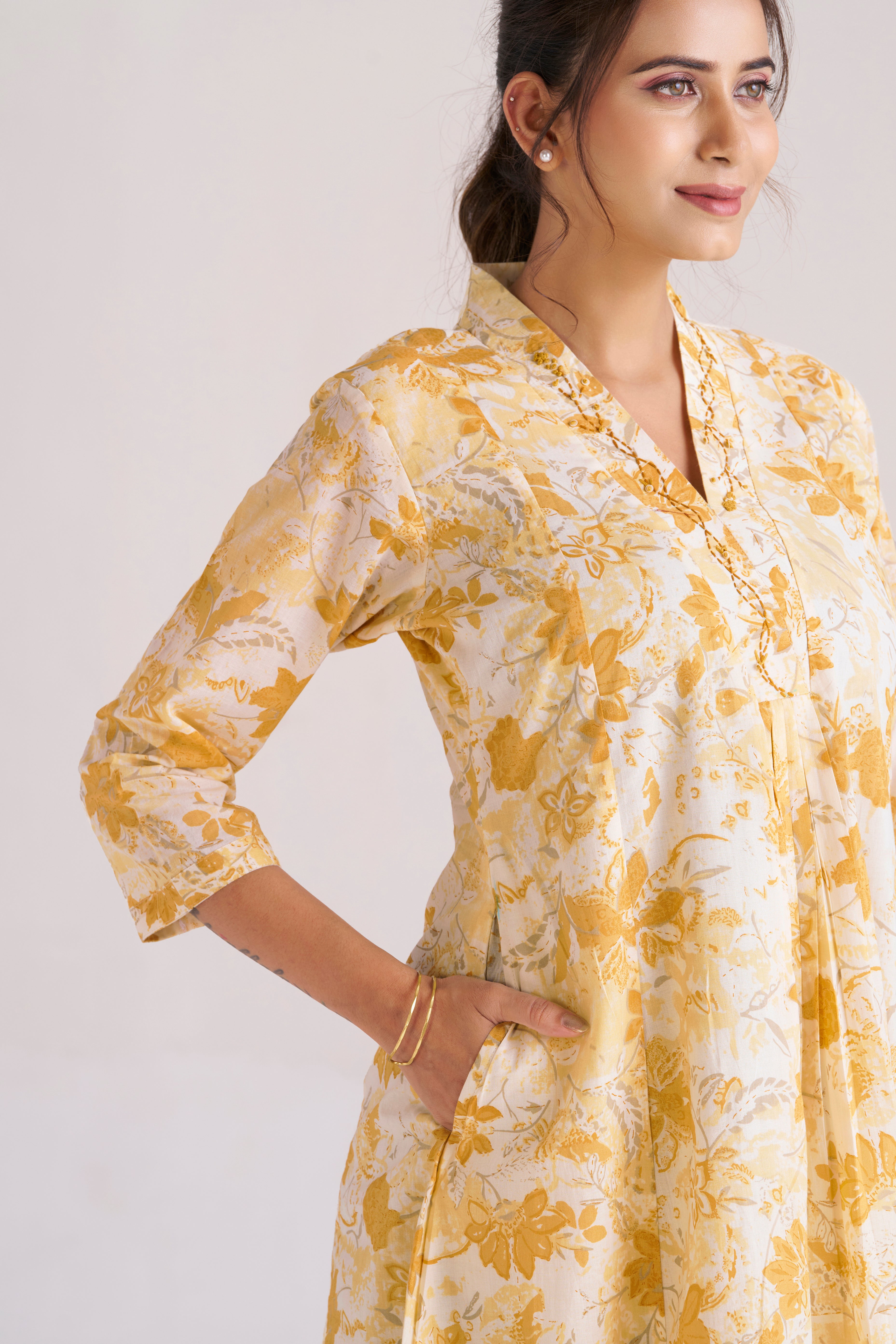 Sunlit yellow bloom printed cotton A-line midi dress