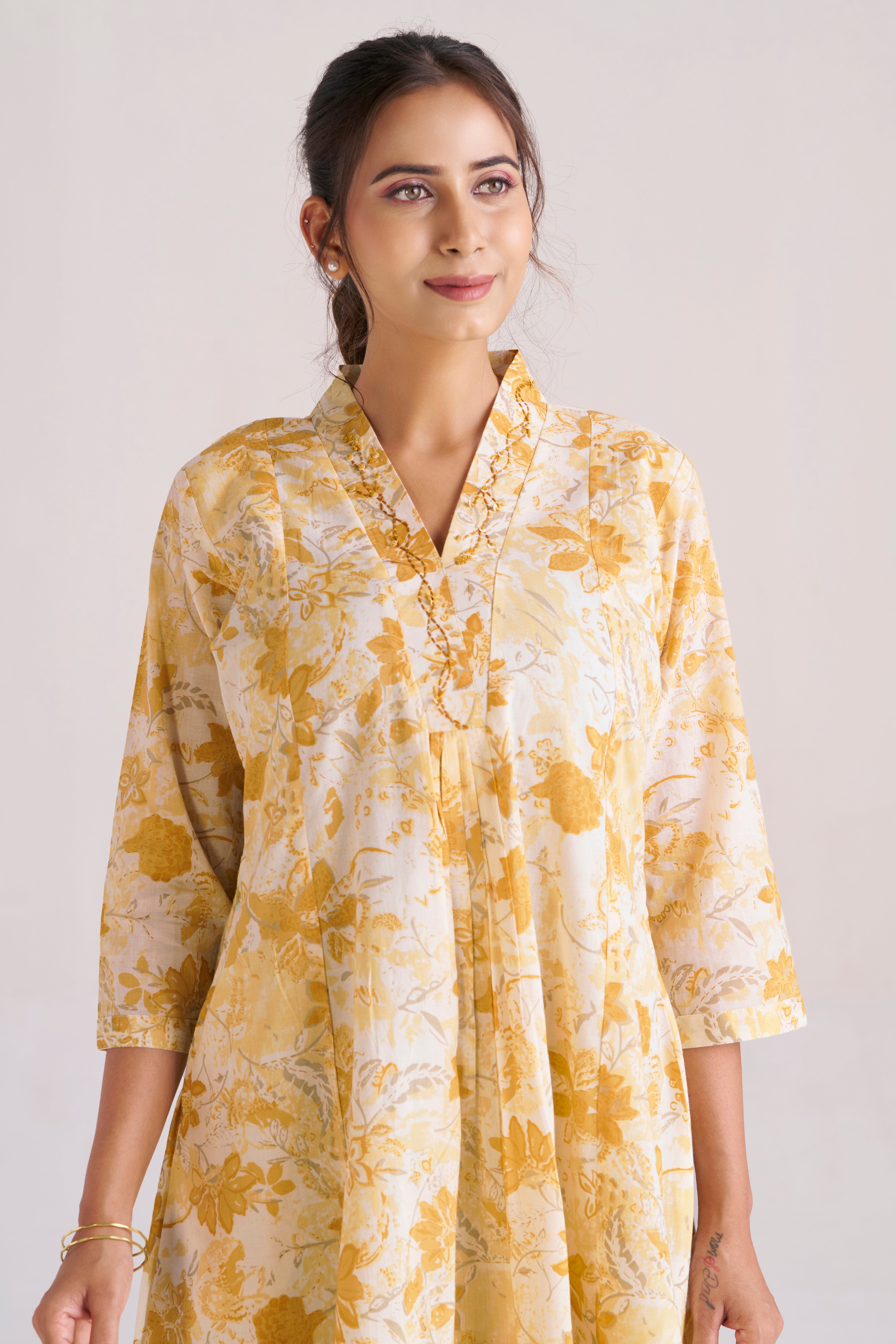 Sunlit yellow bloom printed cotton A-line midi dress
