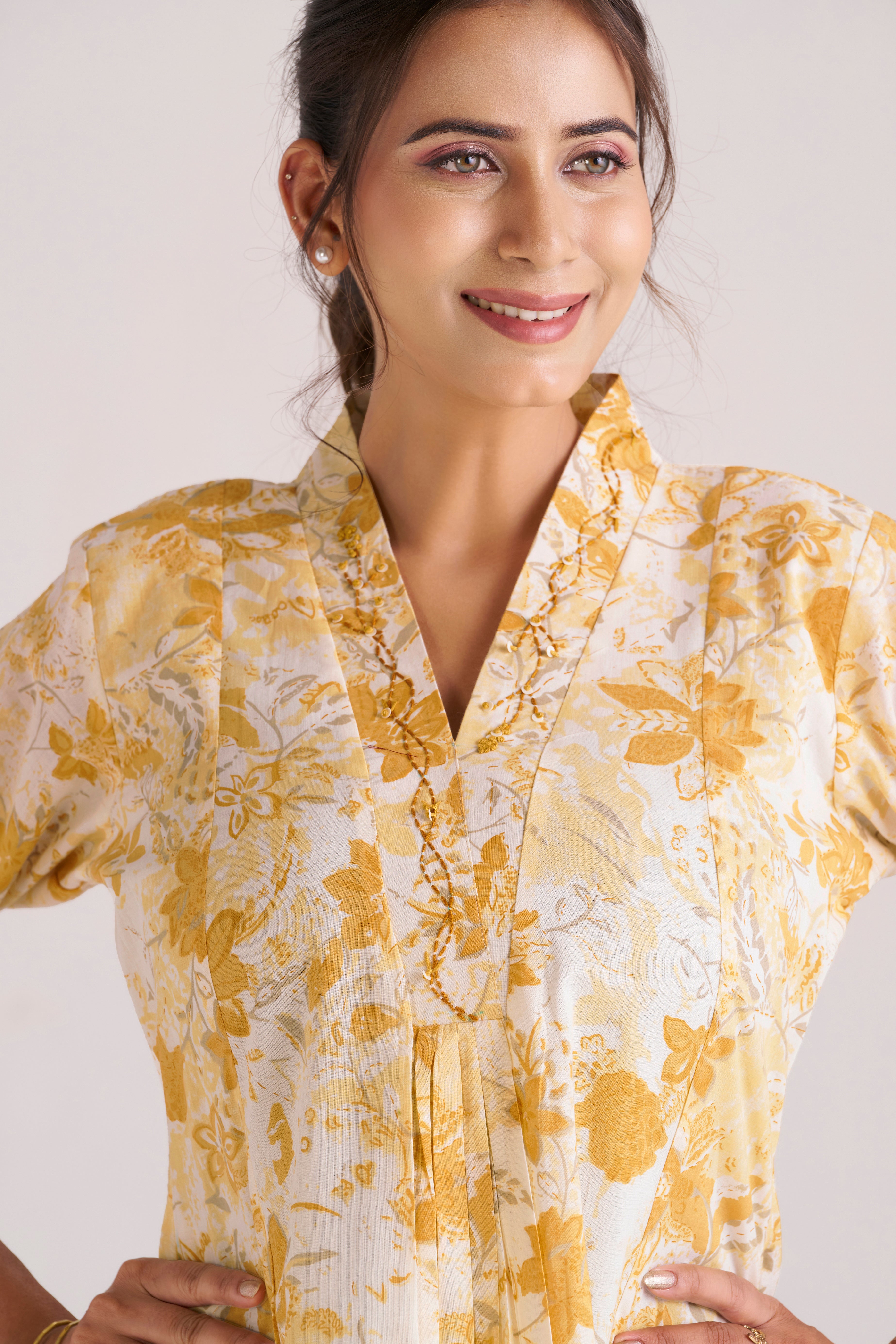 Sunlit yellow bloom printed cotton A-line midi dress
