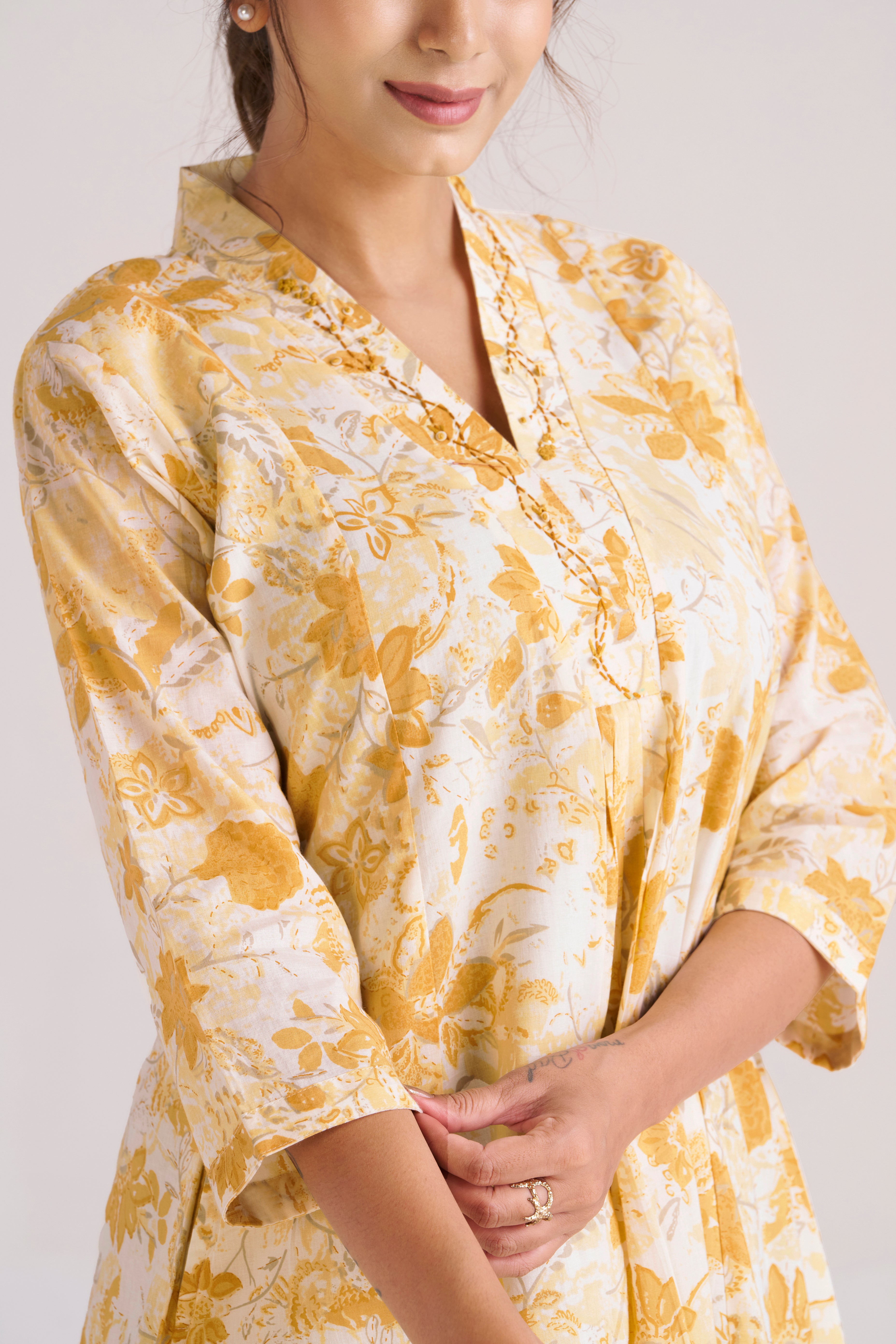 Sunlit yellow bloom printed cotton A-line midi dress