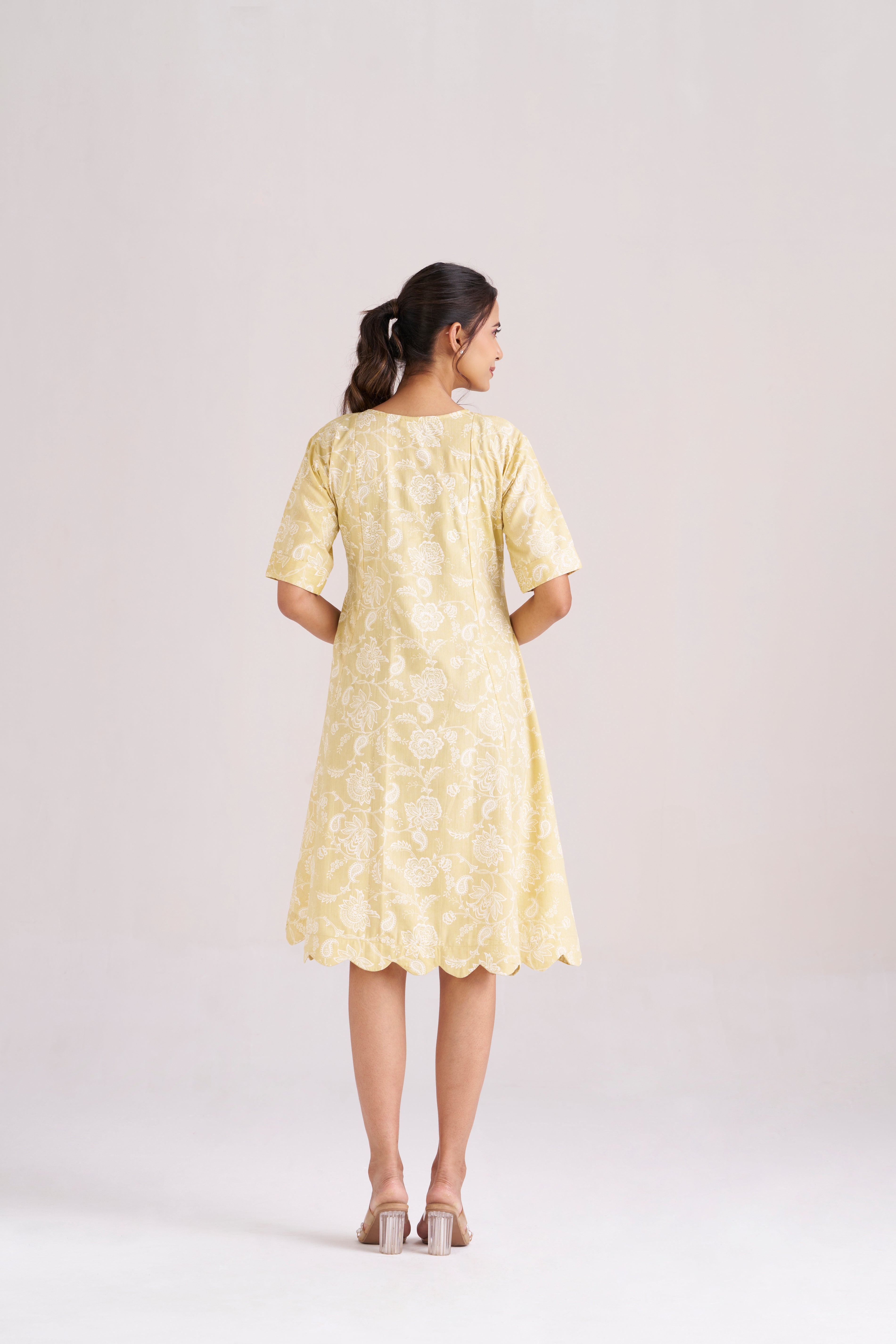 YELLOW FLORAL A-LINE MIDI DRESS