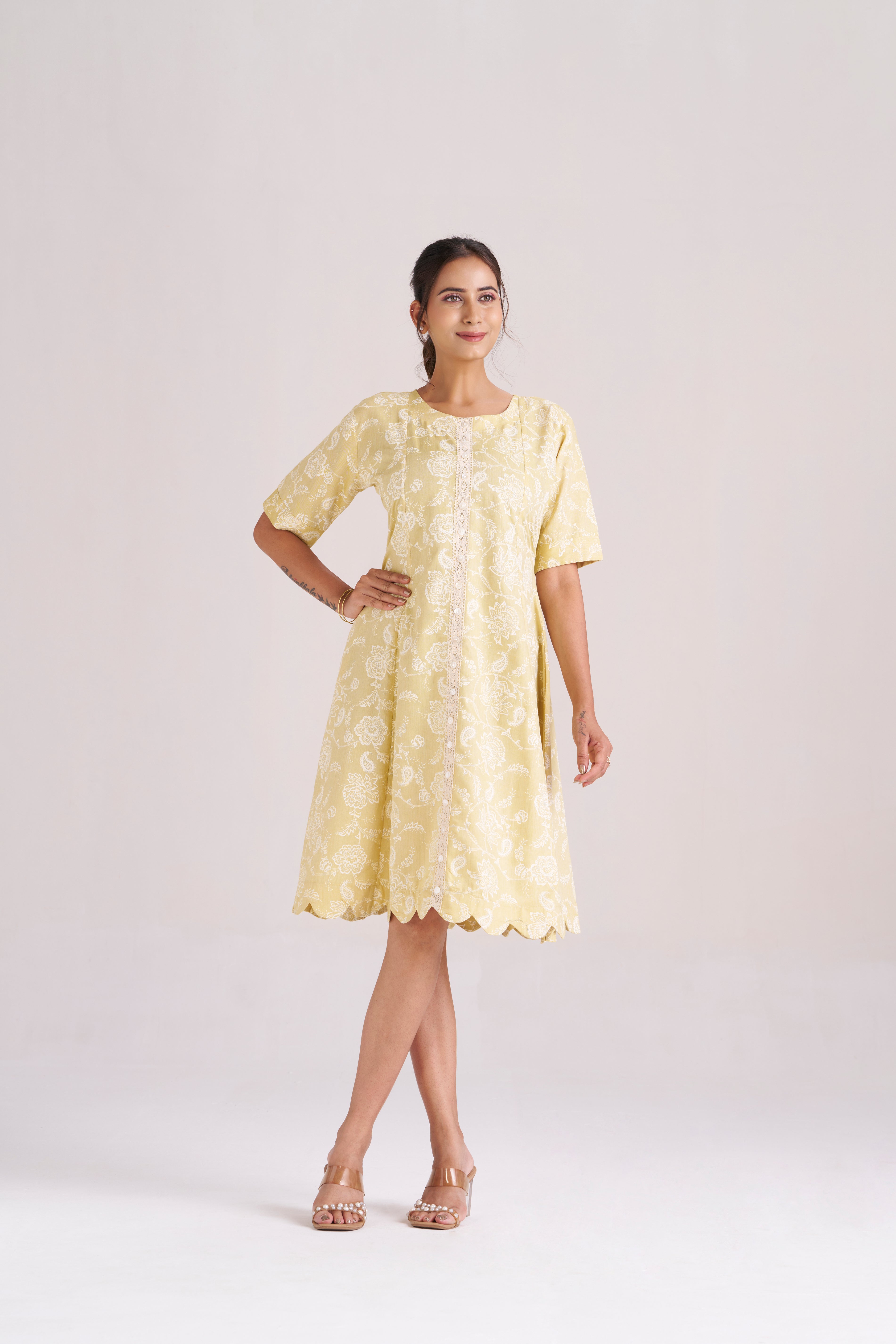 YELLOW FLORAL A-LINE MIDI DRESS