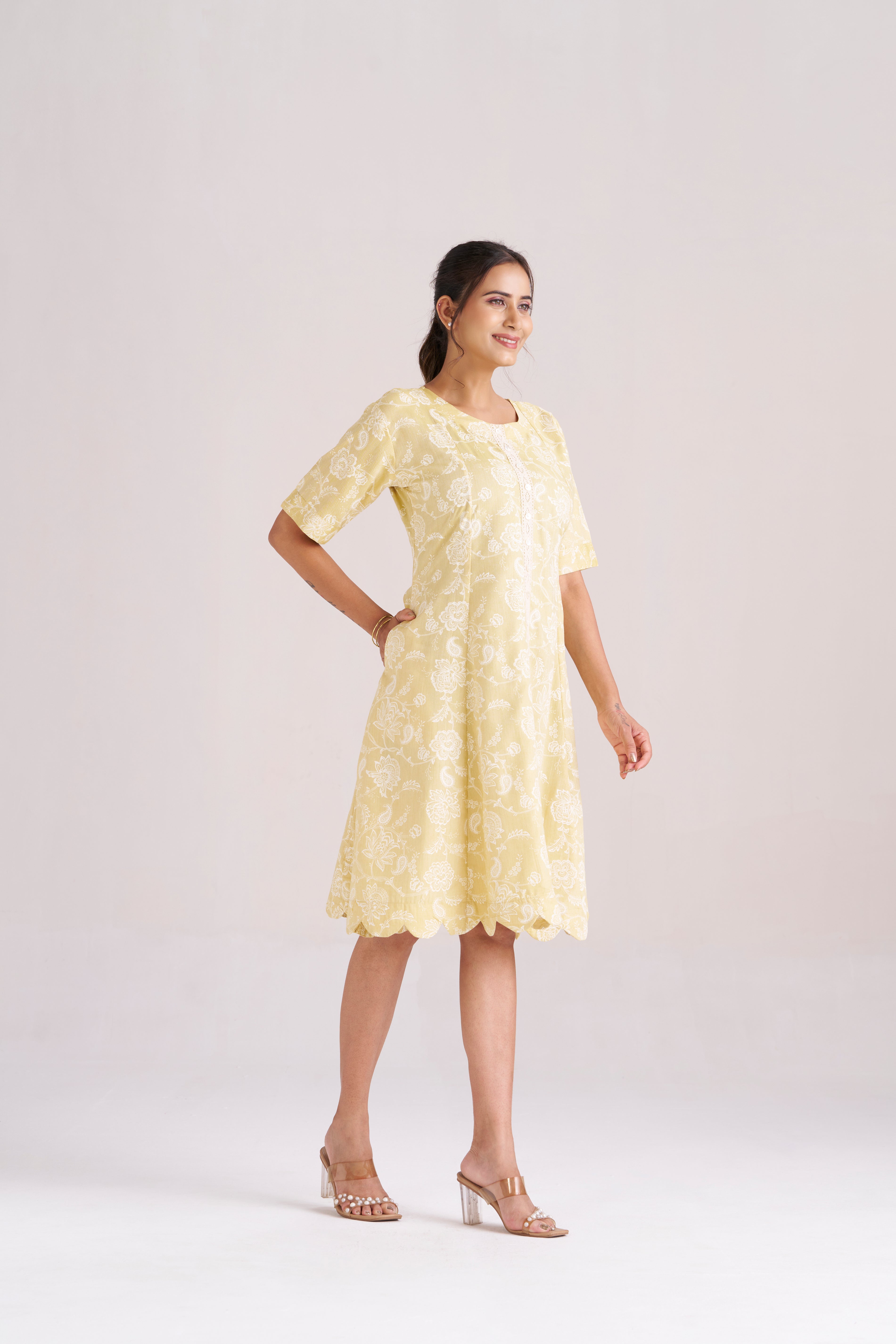 YELLOW FLORAL A-LINE MIDI DRESS