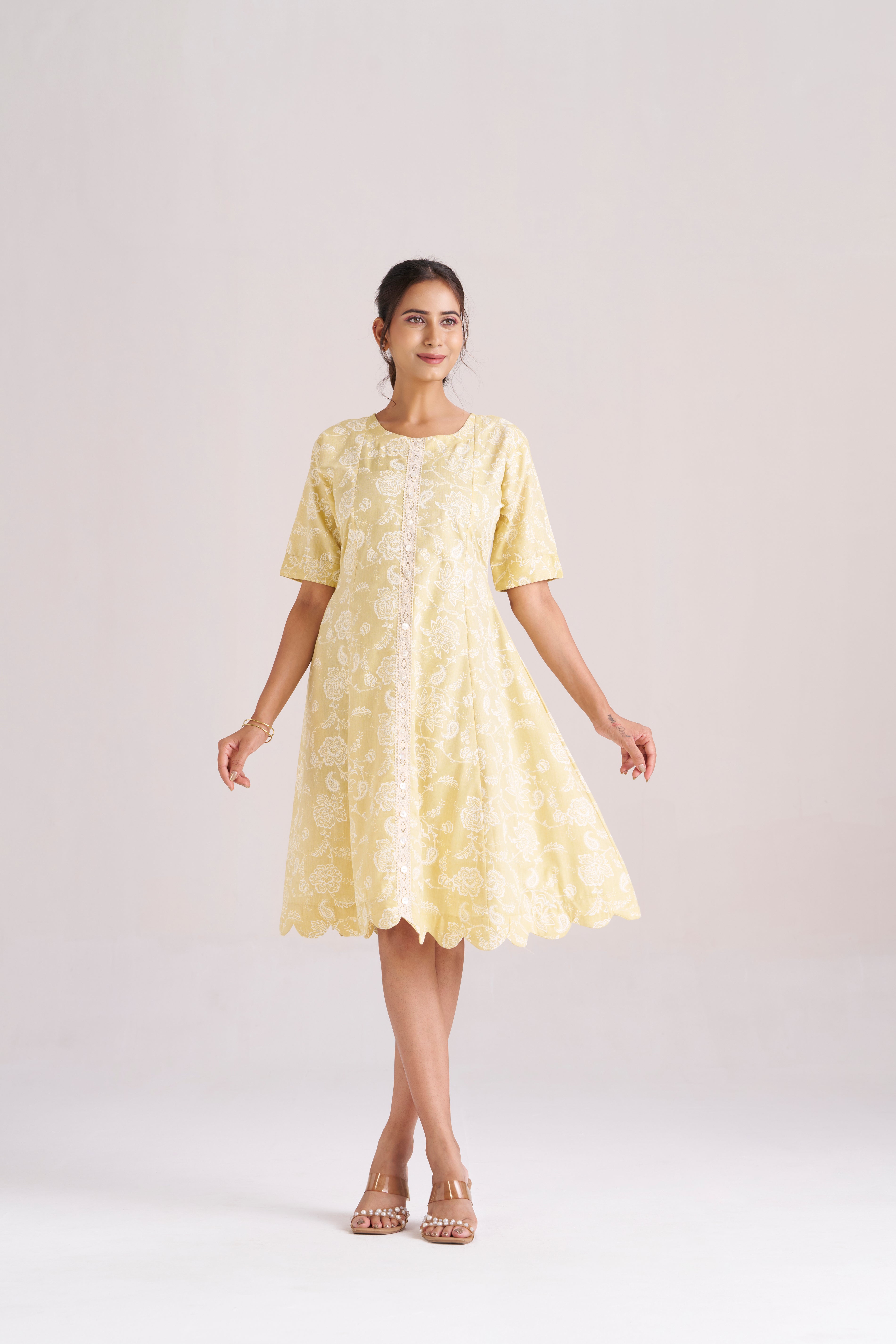 YELLOW FLORAL A-LINE MIDI DRESS