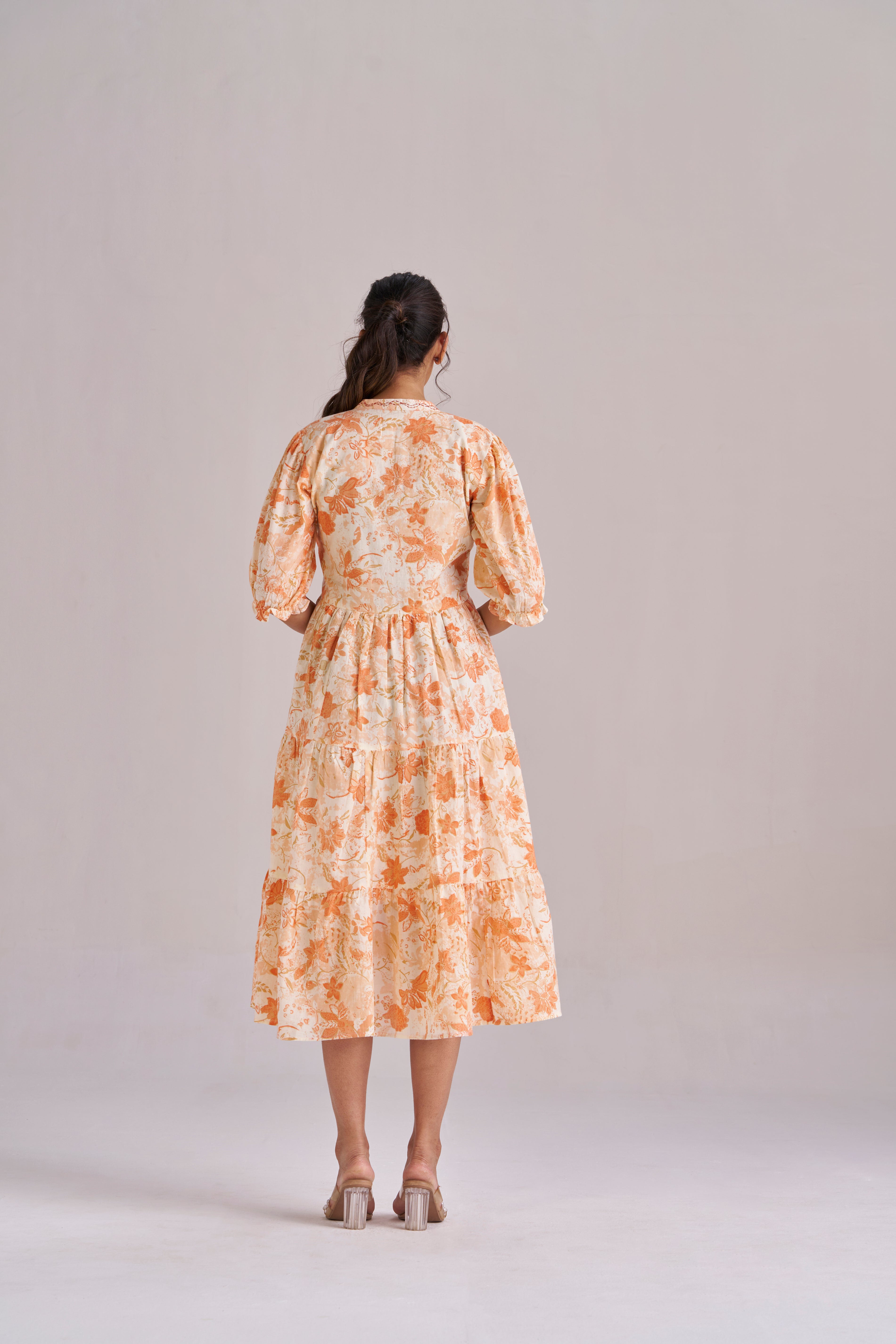 Peach Blossom Tiered Cotton Midi Dress with Puff Sleeves