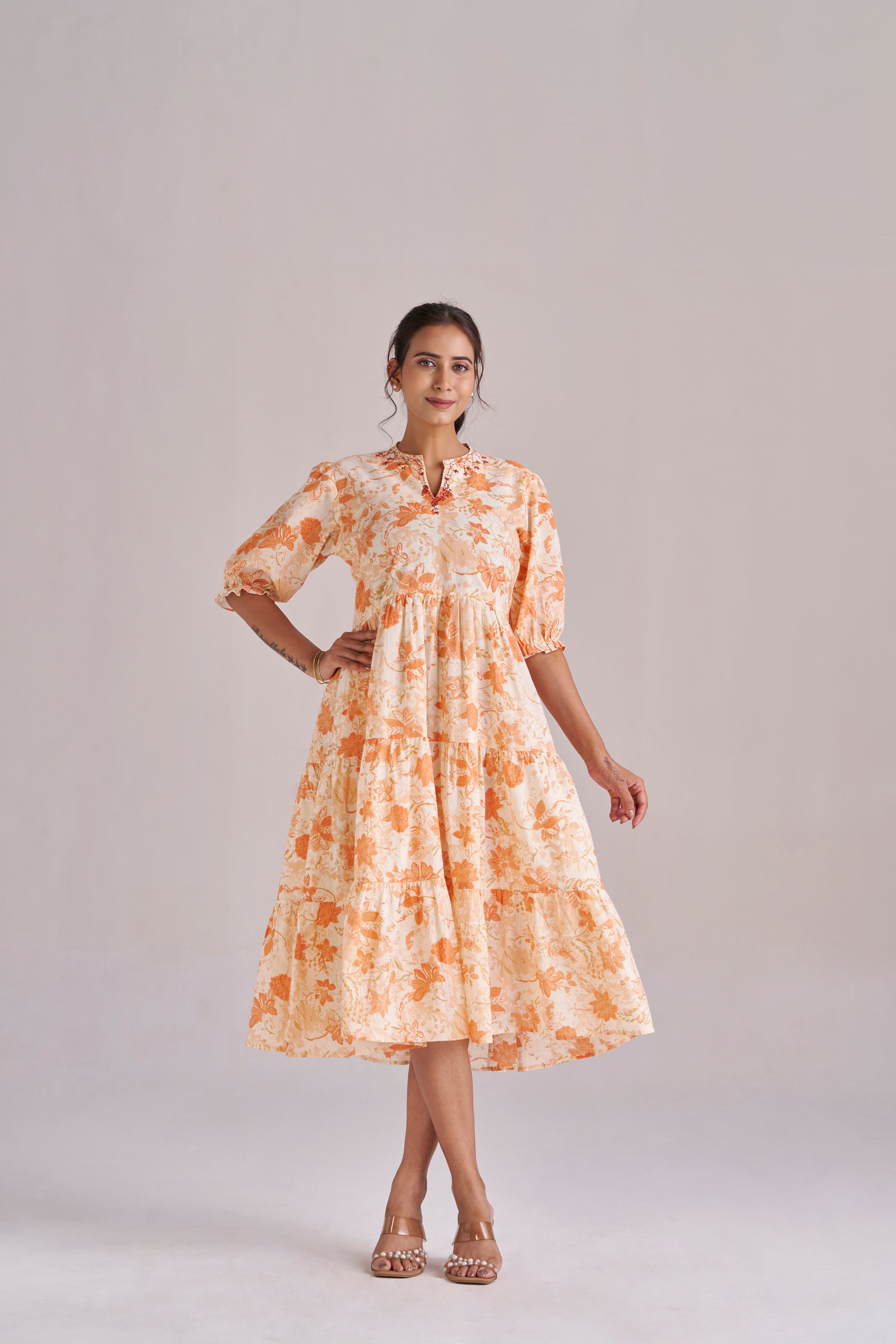 Peach Blossom Tiered Cotton Midi Dress with Puff Sleeves