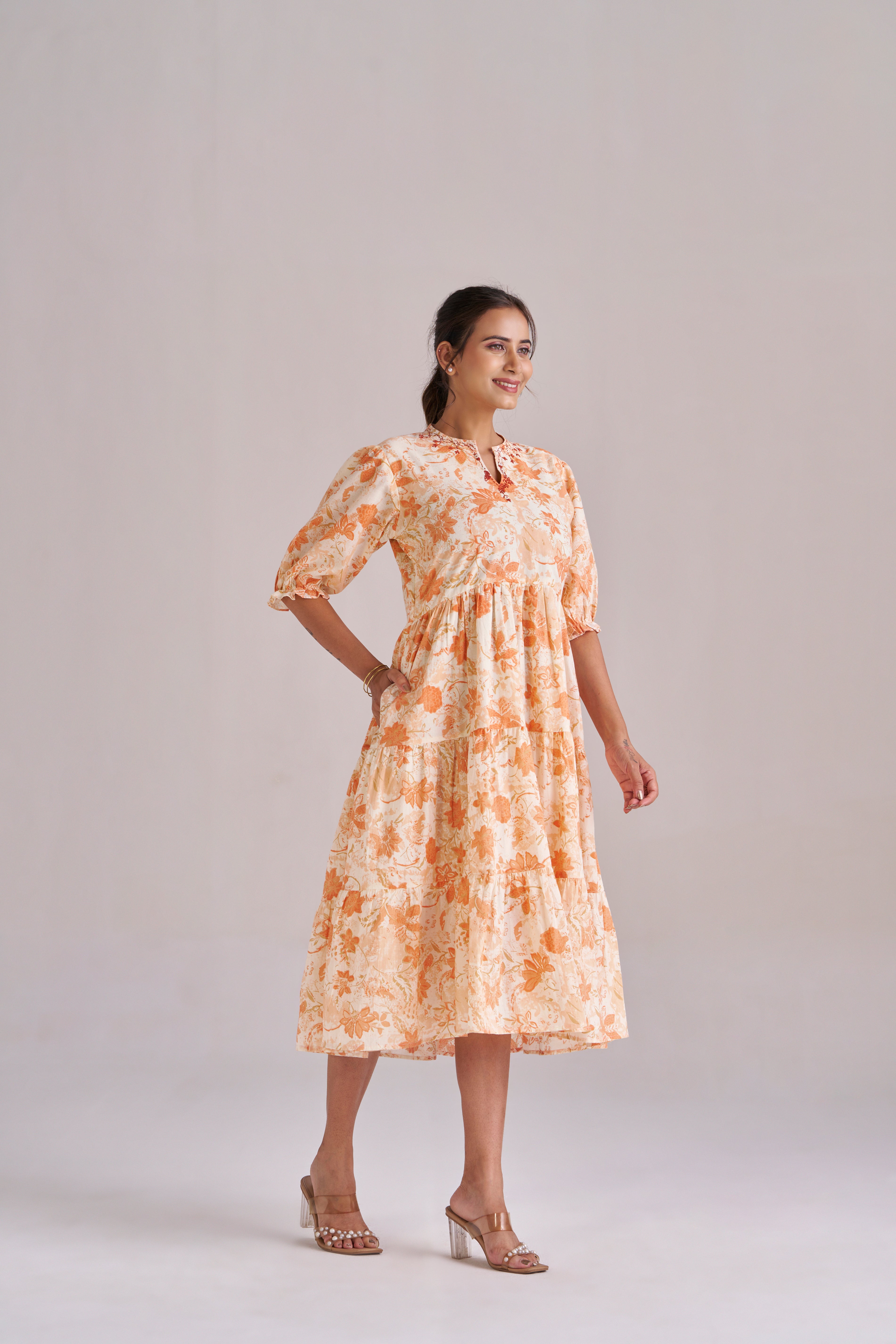 Peach Blossom Tiered Cotton Midi Dress with Puff Sleeves