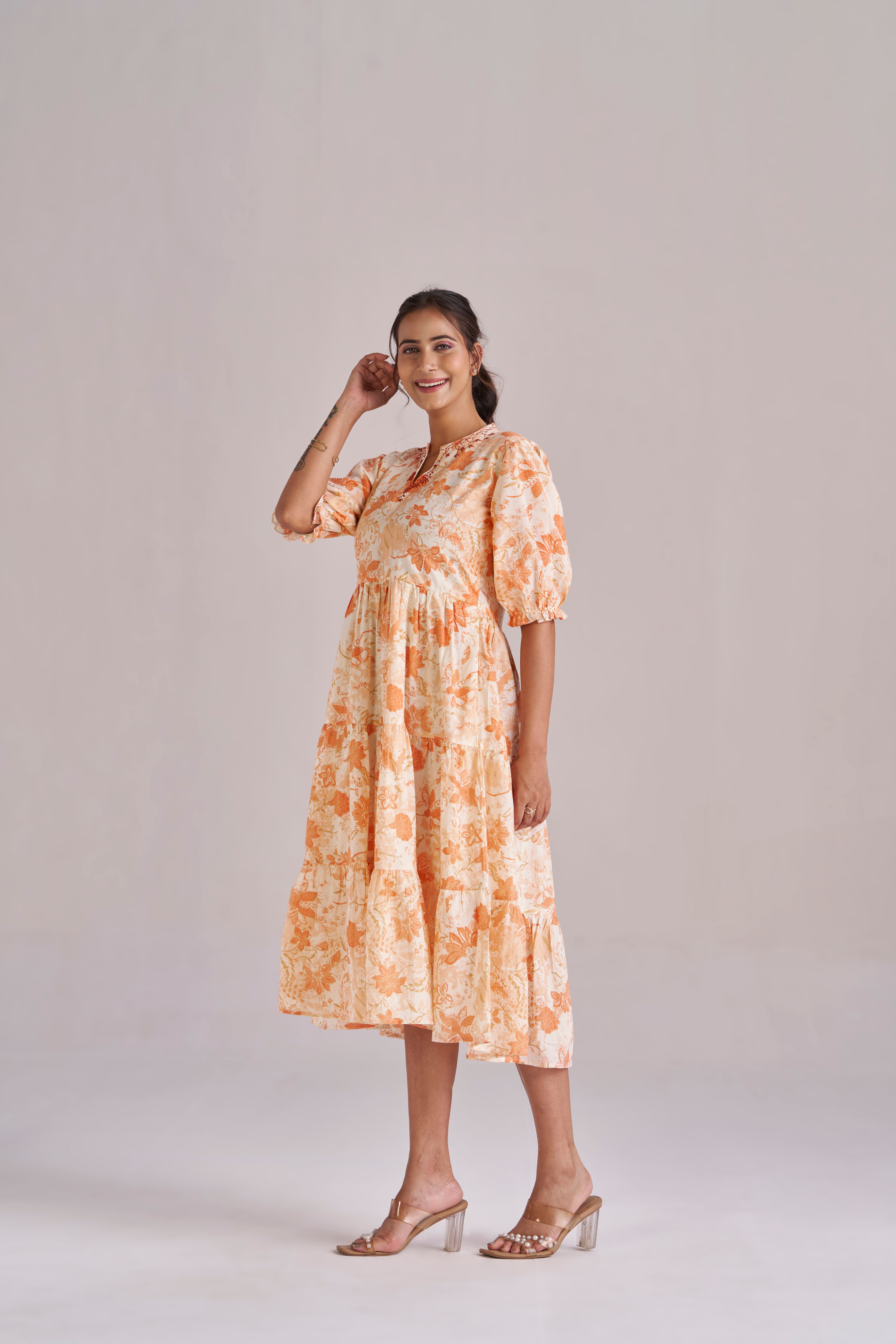 Peach Blossom Tiered Cotton Midi Dress with Puff Sleeves