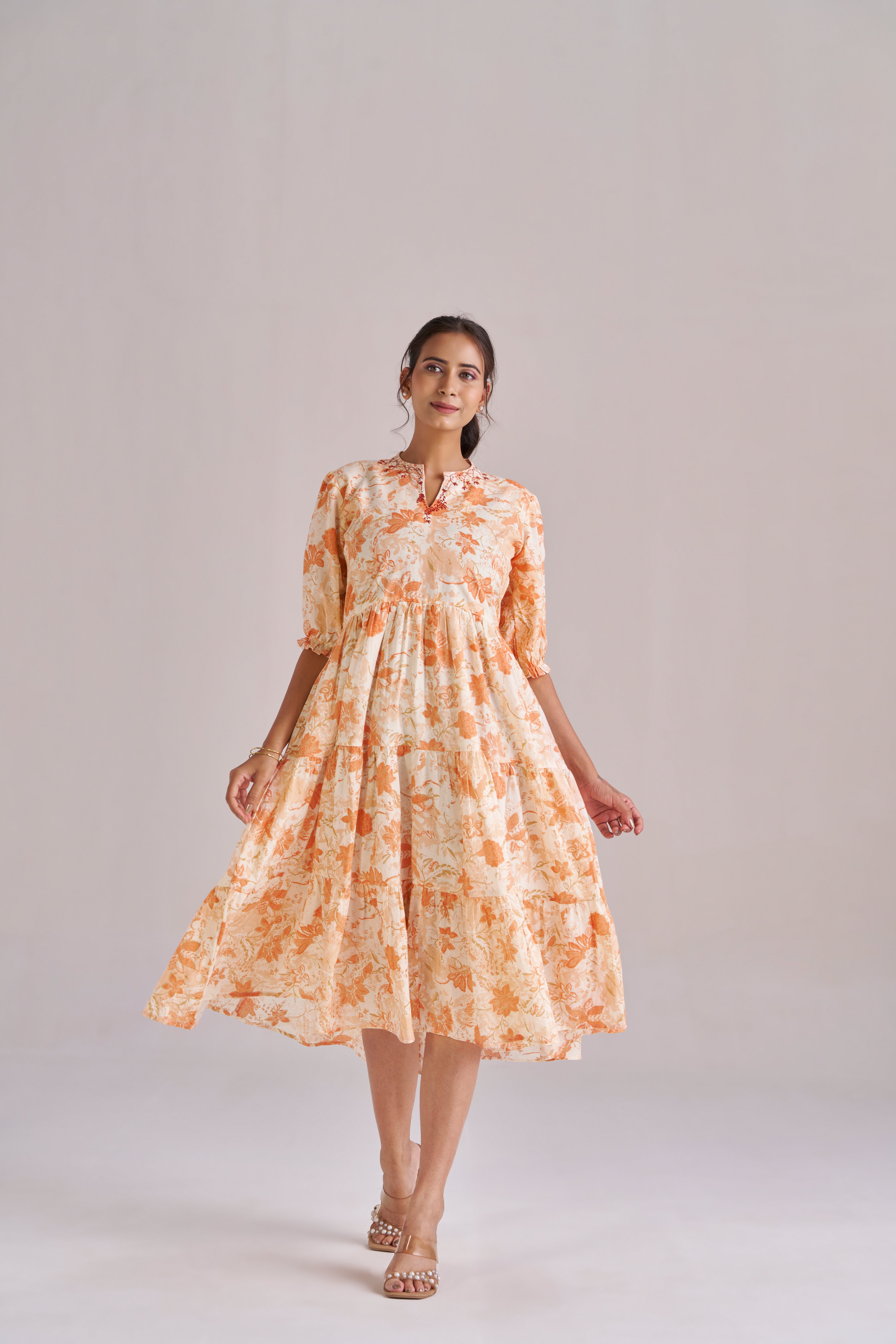 Peach Blossom Tiered Cotton Midi Dress with Puff Sleeves