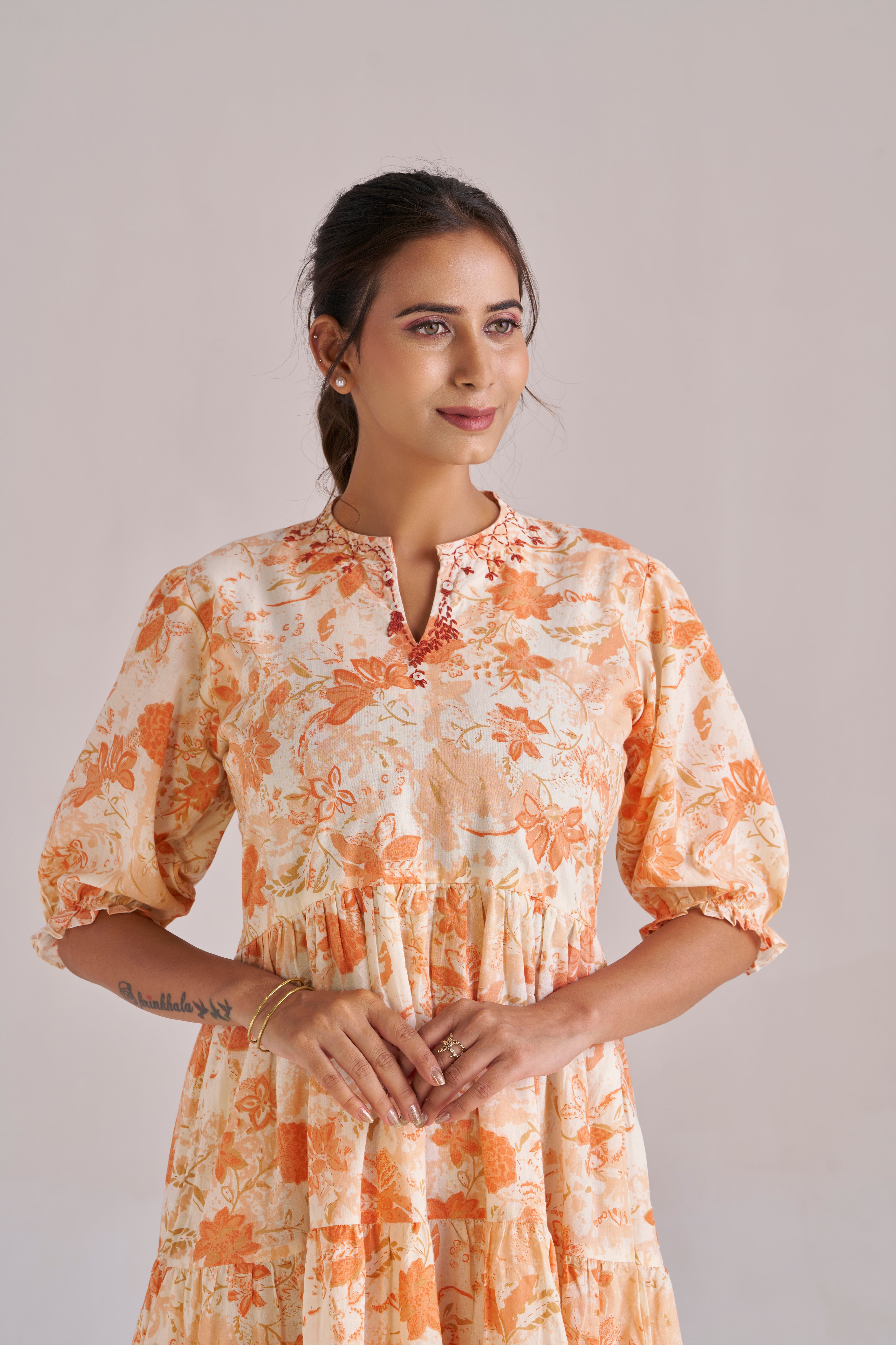 Peach Blossom Tiered Cotton Midi Dress with Puff Sleeves