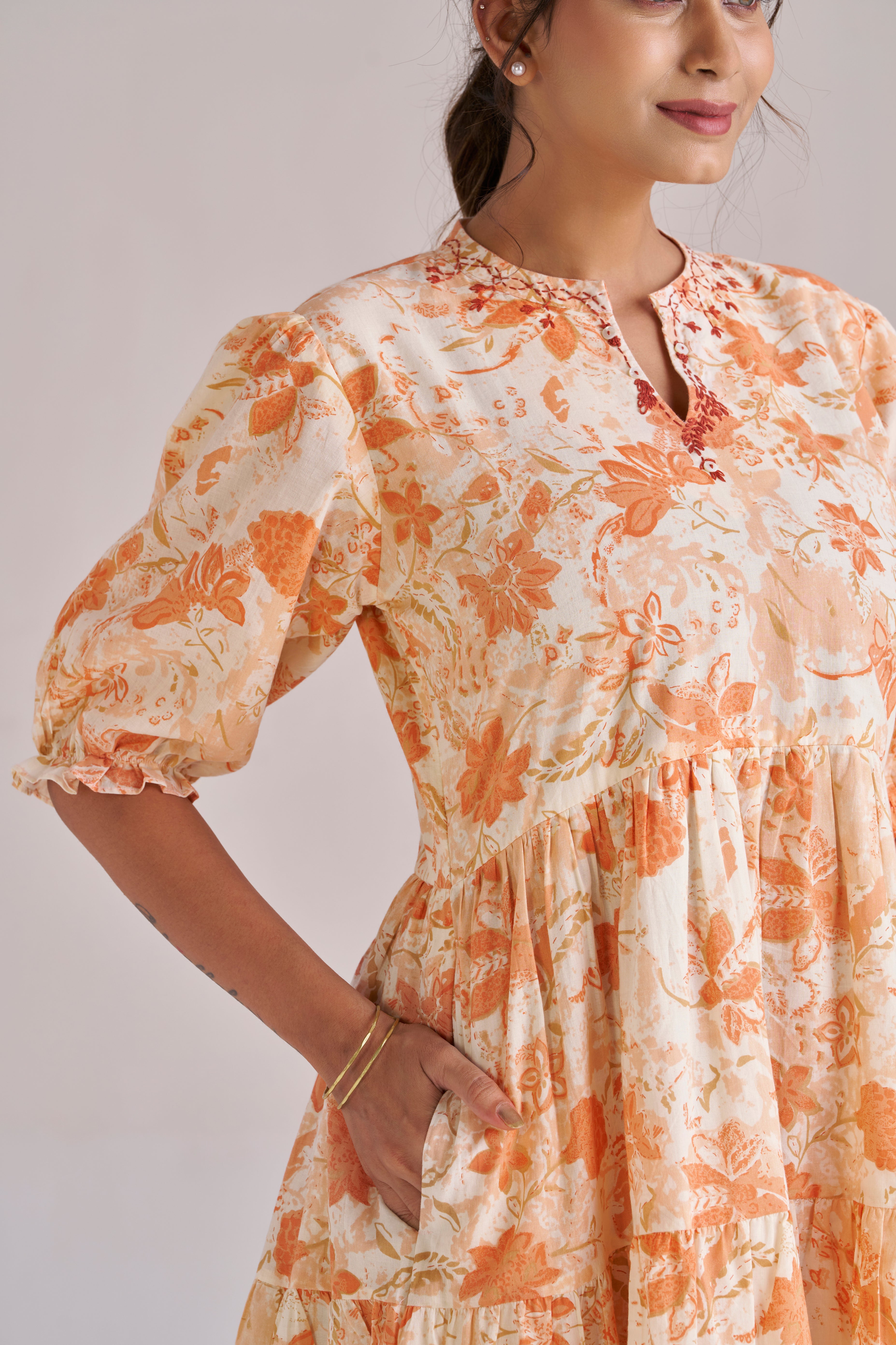 Peach Blossom Tiered Cotton Midi Dress with Puff Sleeves