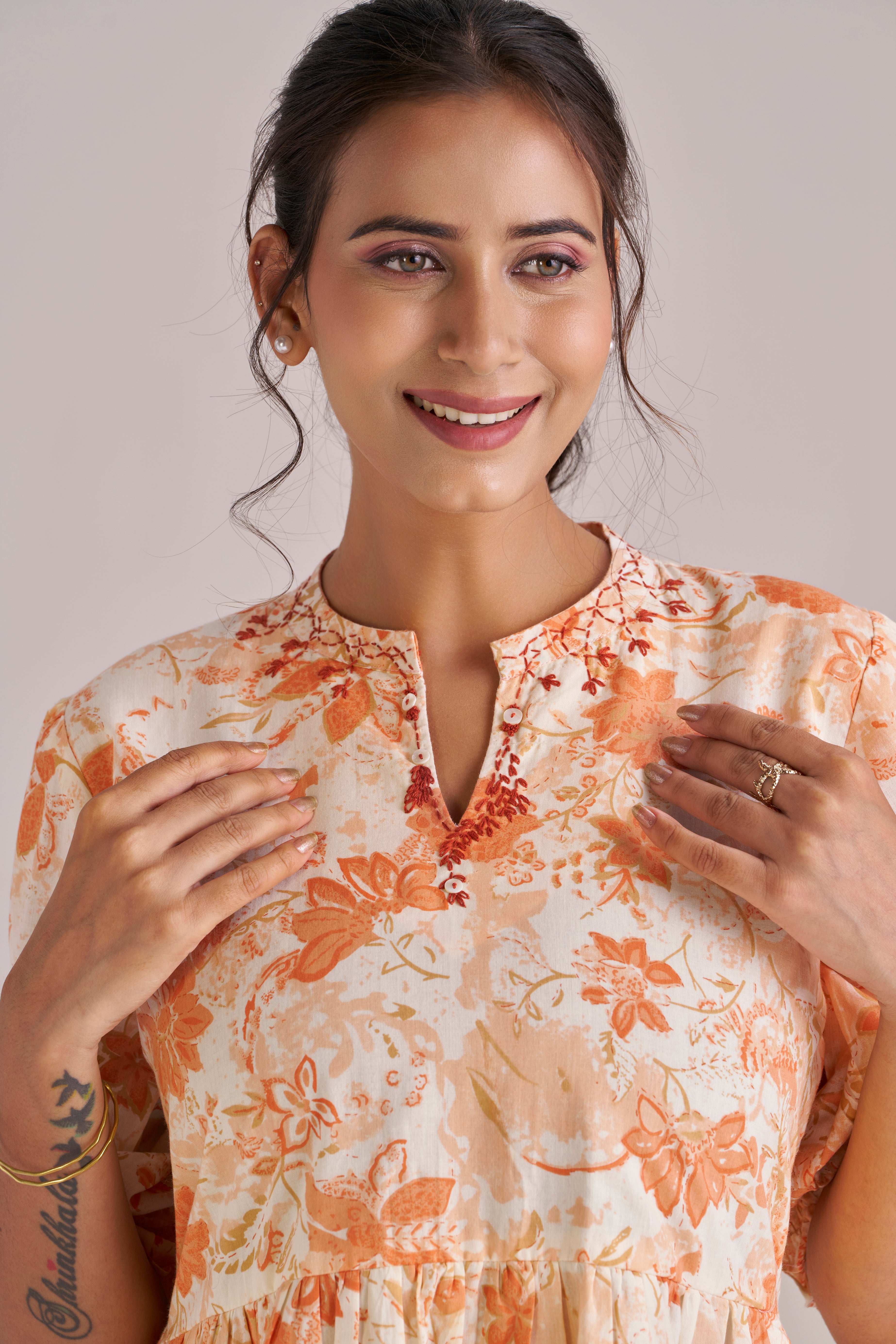 Peach Blossom Tiered Cotton Midi Dress with Puff Sleeves