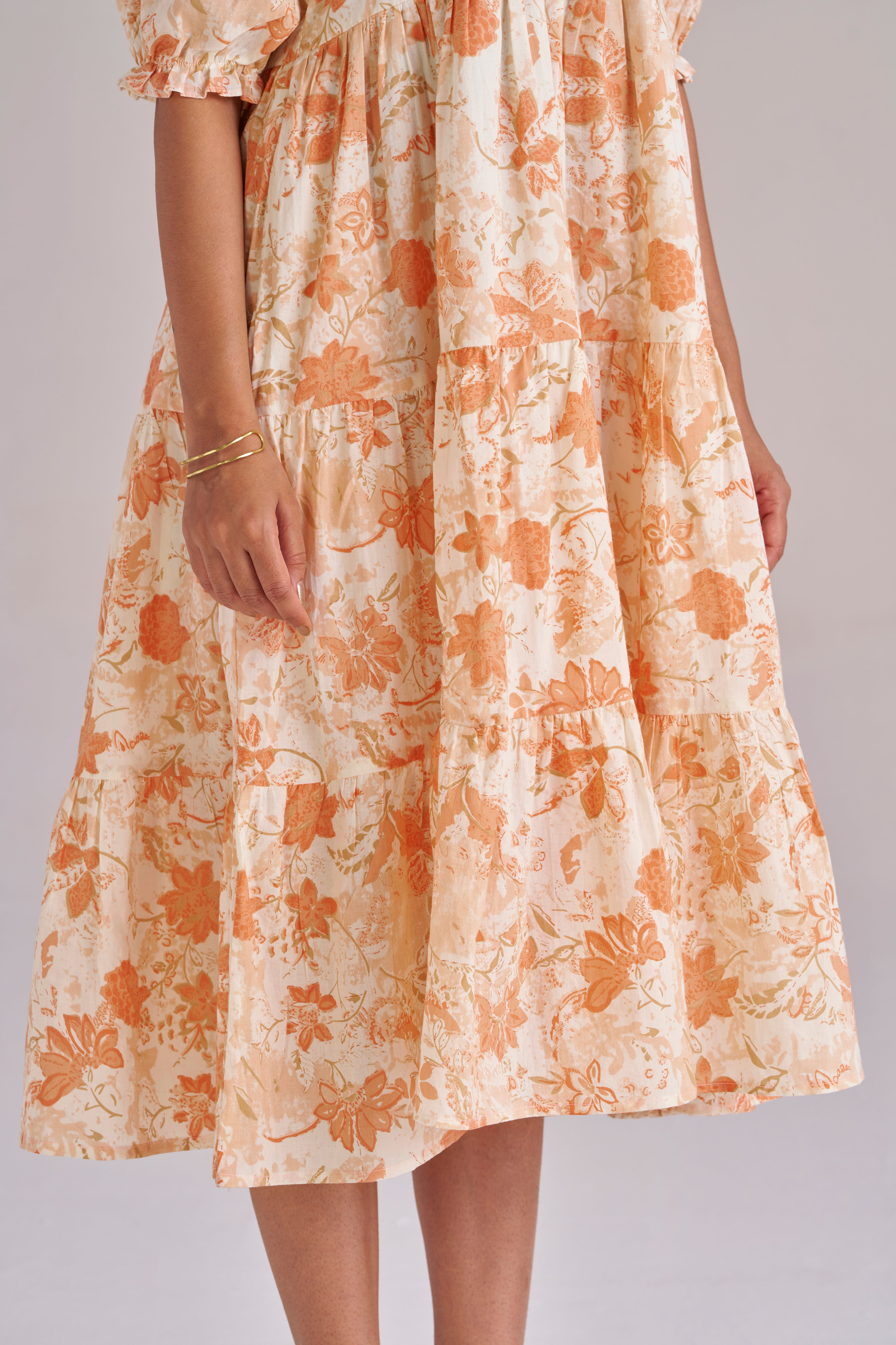 Peach Blossom Tiered Cotton Midi Dress with Puff Sleeves