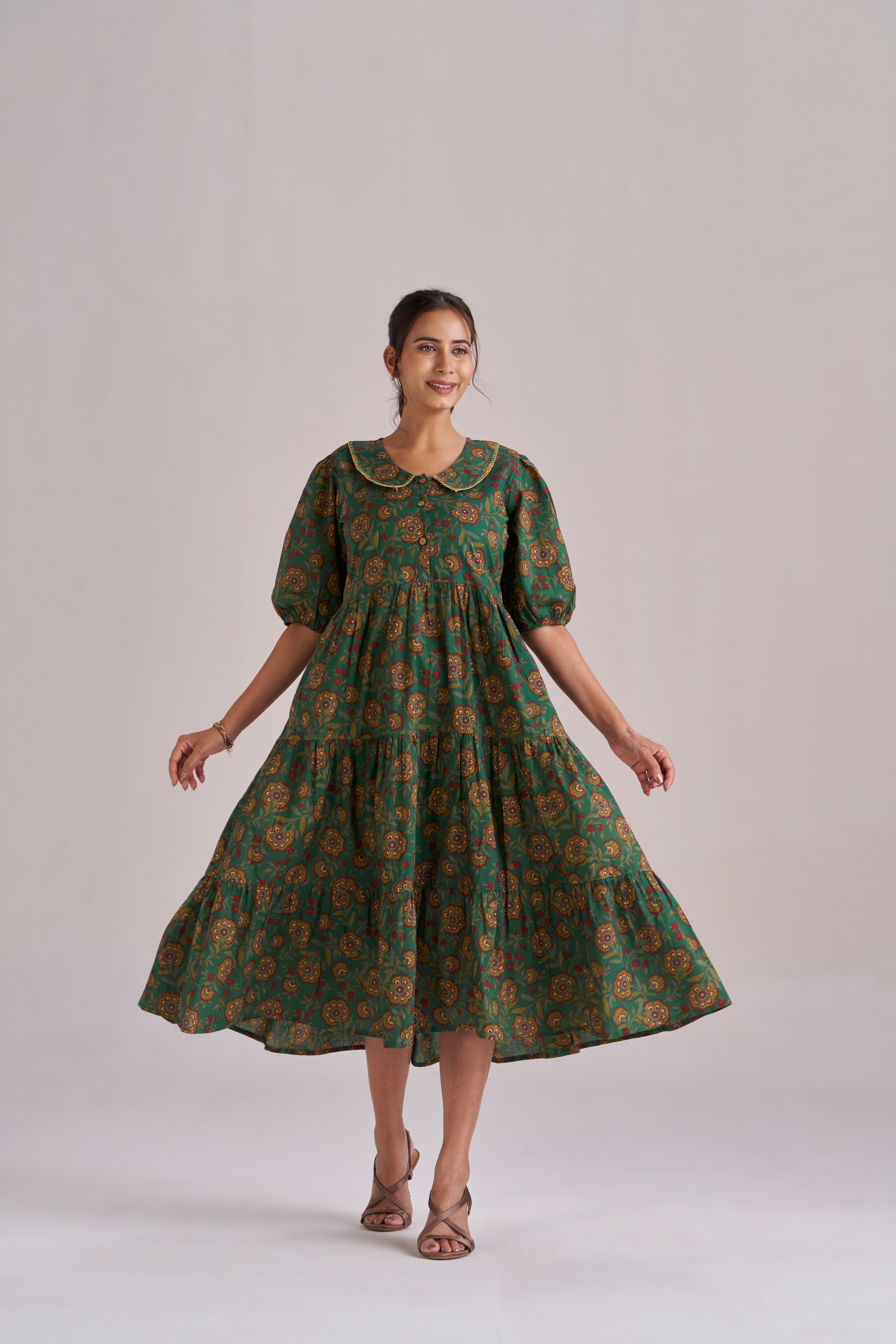 Peter pan collared puff sleeved tiered midi dress in dark green