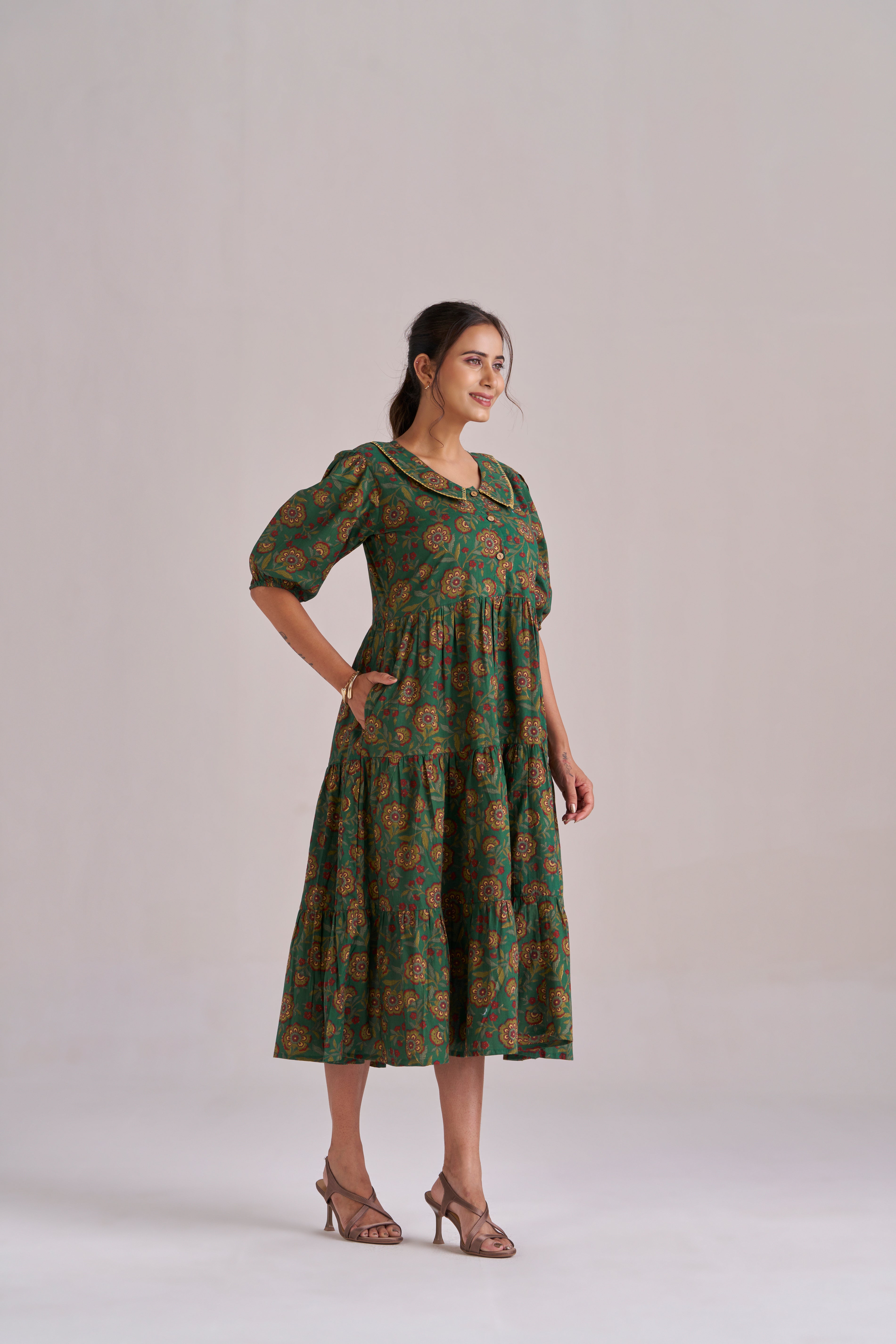 Peter pan collared puff sleeved tiered midi dress in dark green