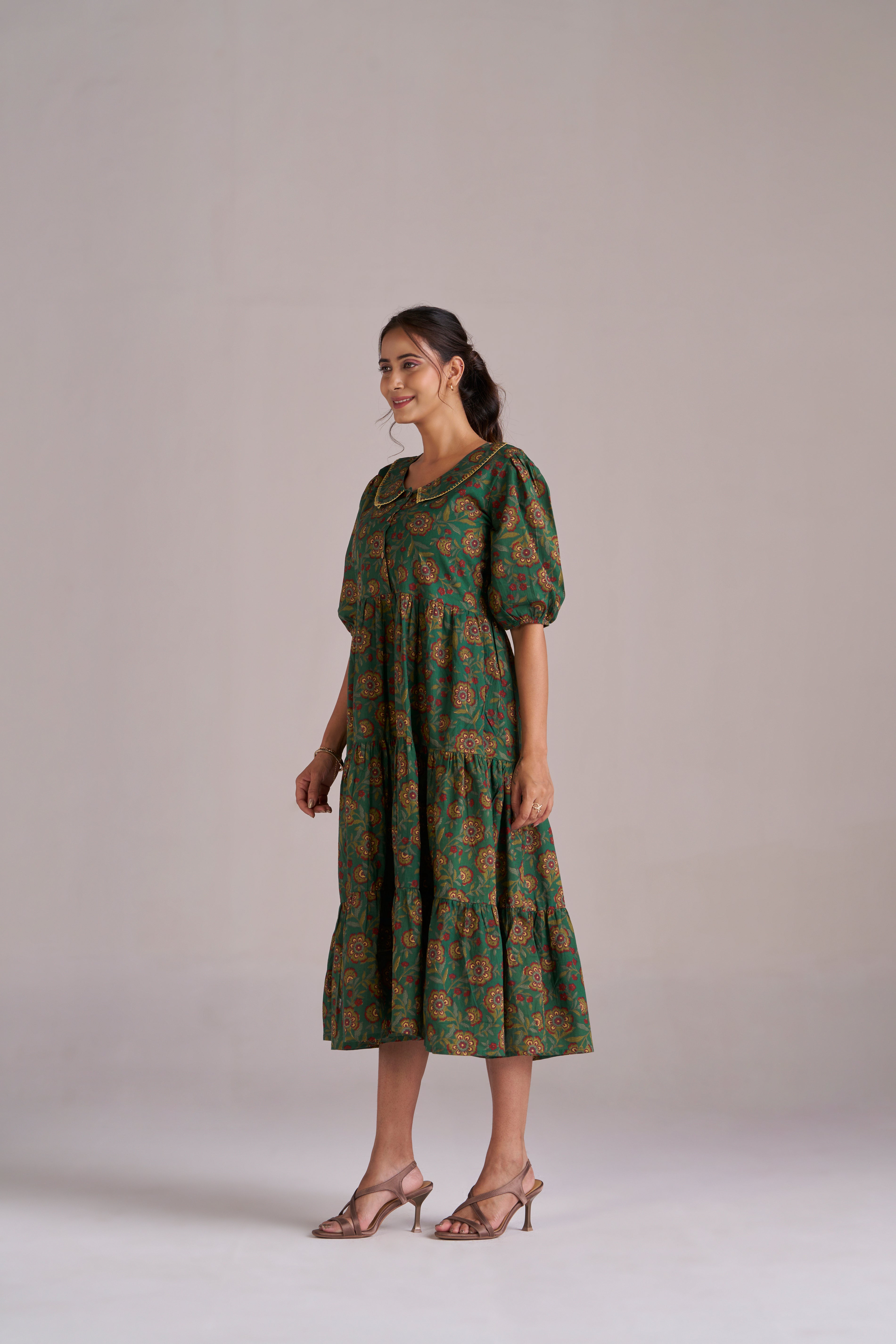Peter pan collared puff sleeved tiered midi dress in dark green