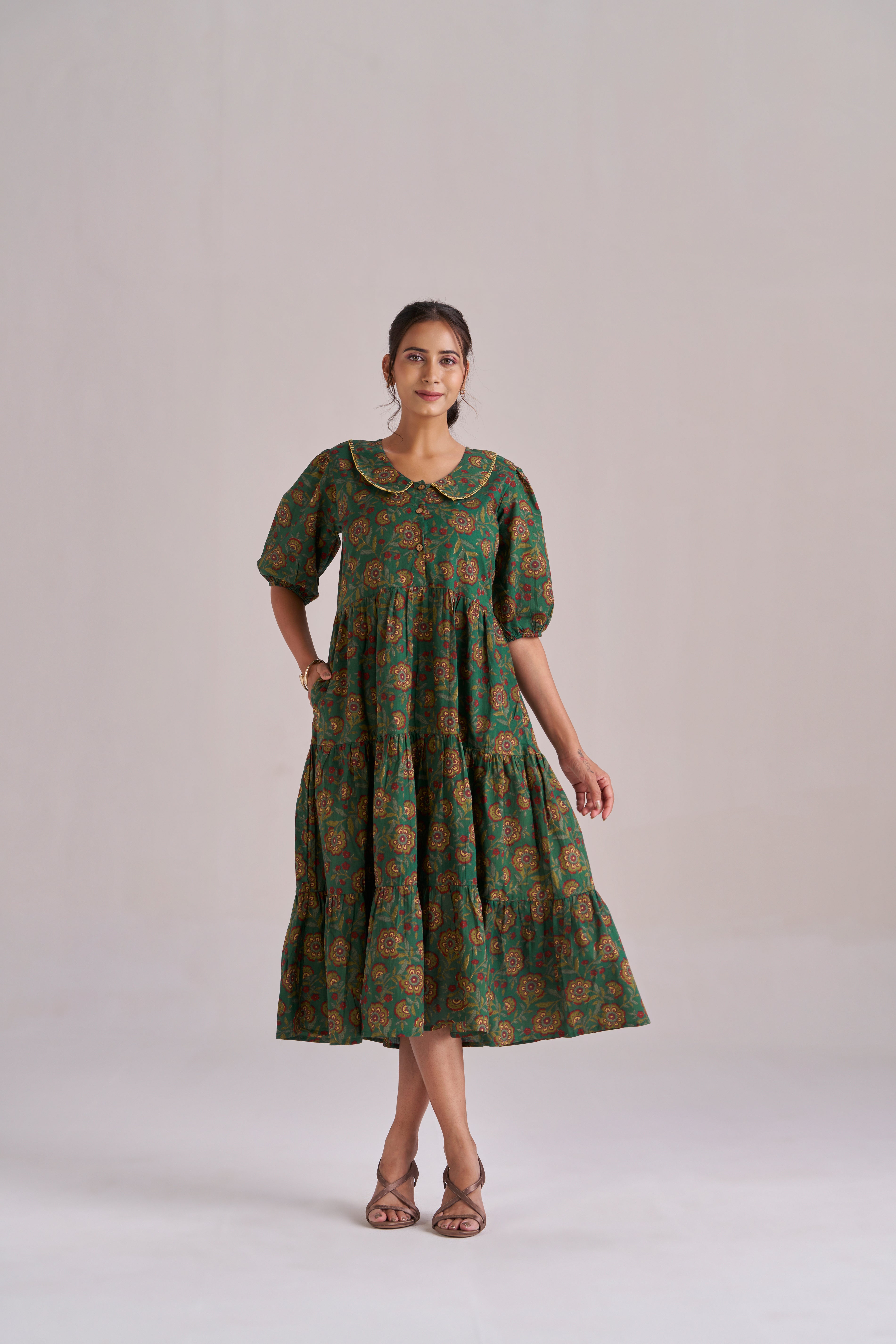 Peter pan collared puff sleeved tiered midi dress in dark green