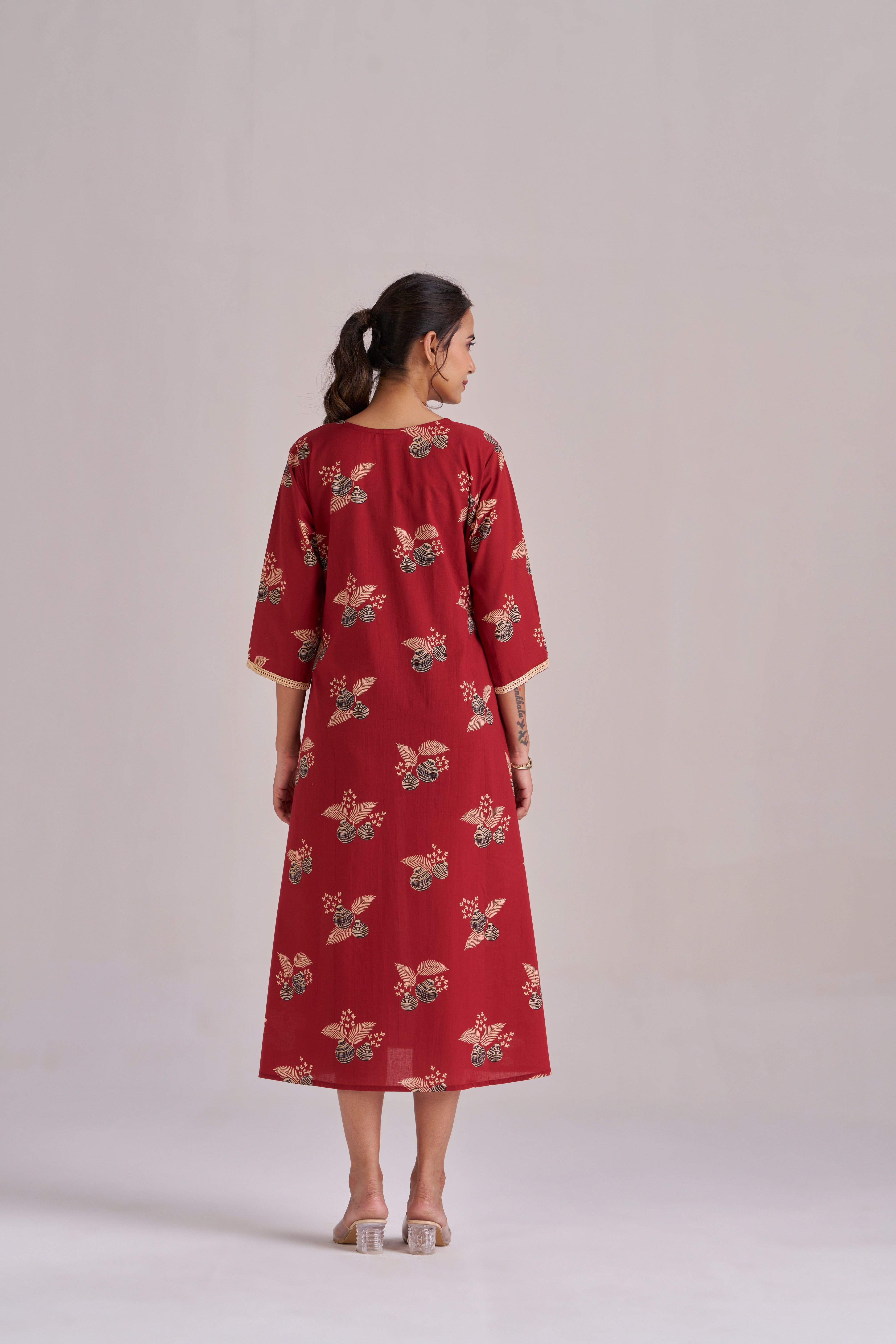 Cotton printed A-line lace trimmed midi kurta