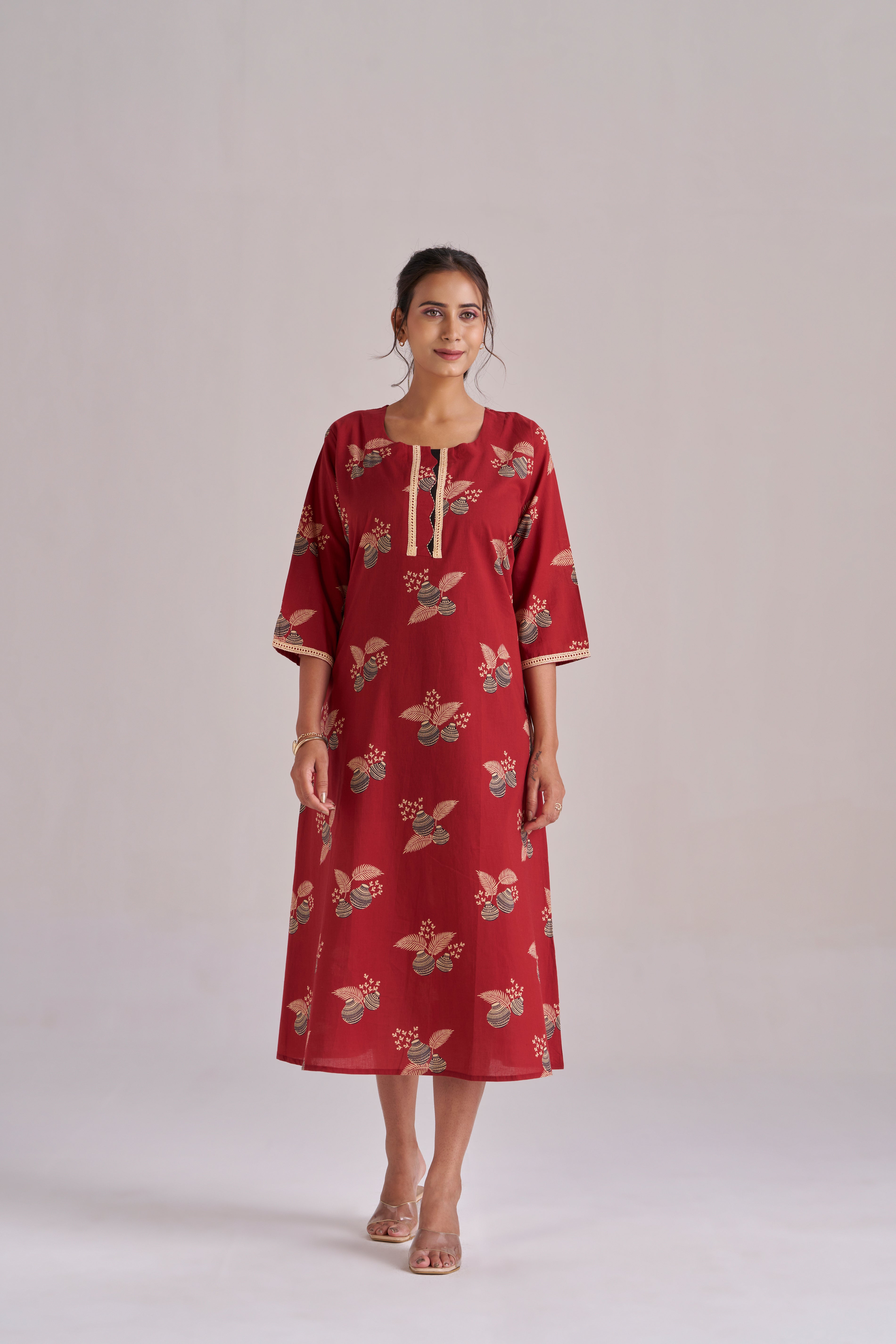 Cotton printed A-line lace trimmed midi kurta